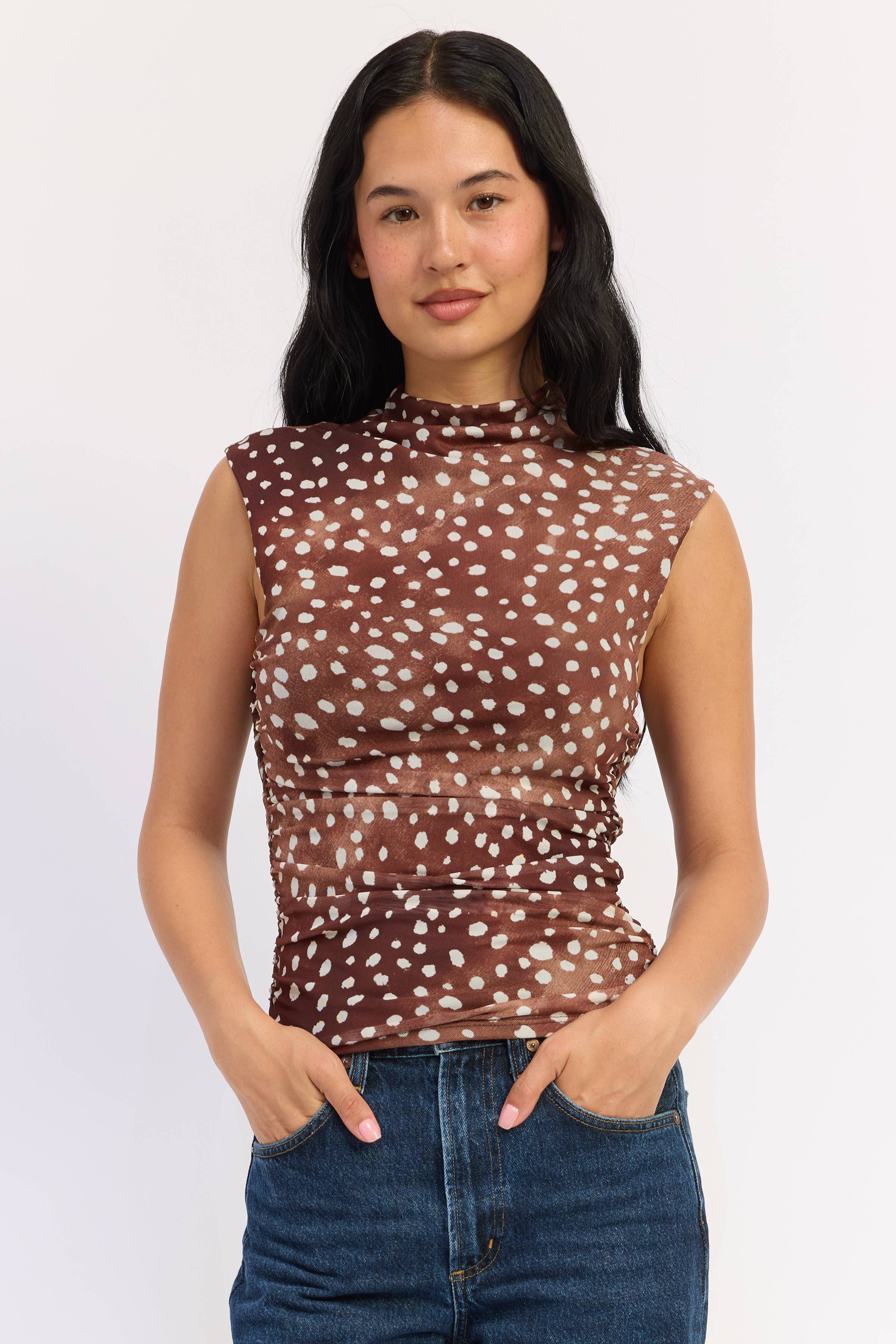 Emory Park sleeveless fitted mesh top in fawn print, alternate view