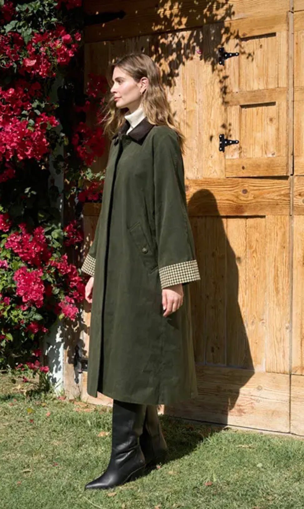Contrast Plaid Car Coat in Olive Brown — view 3
