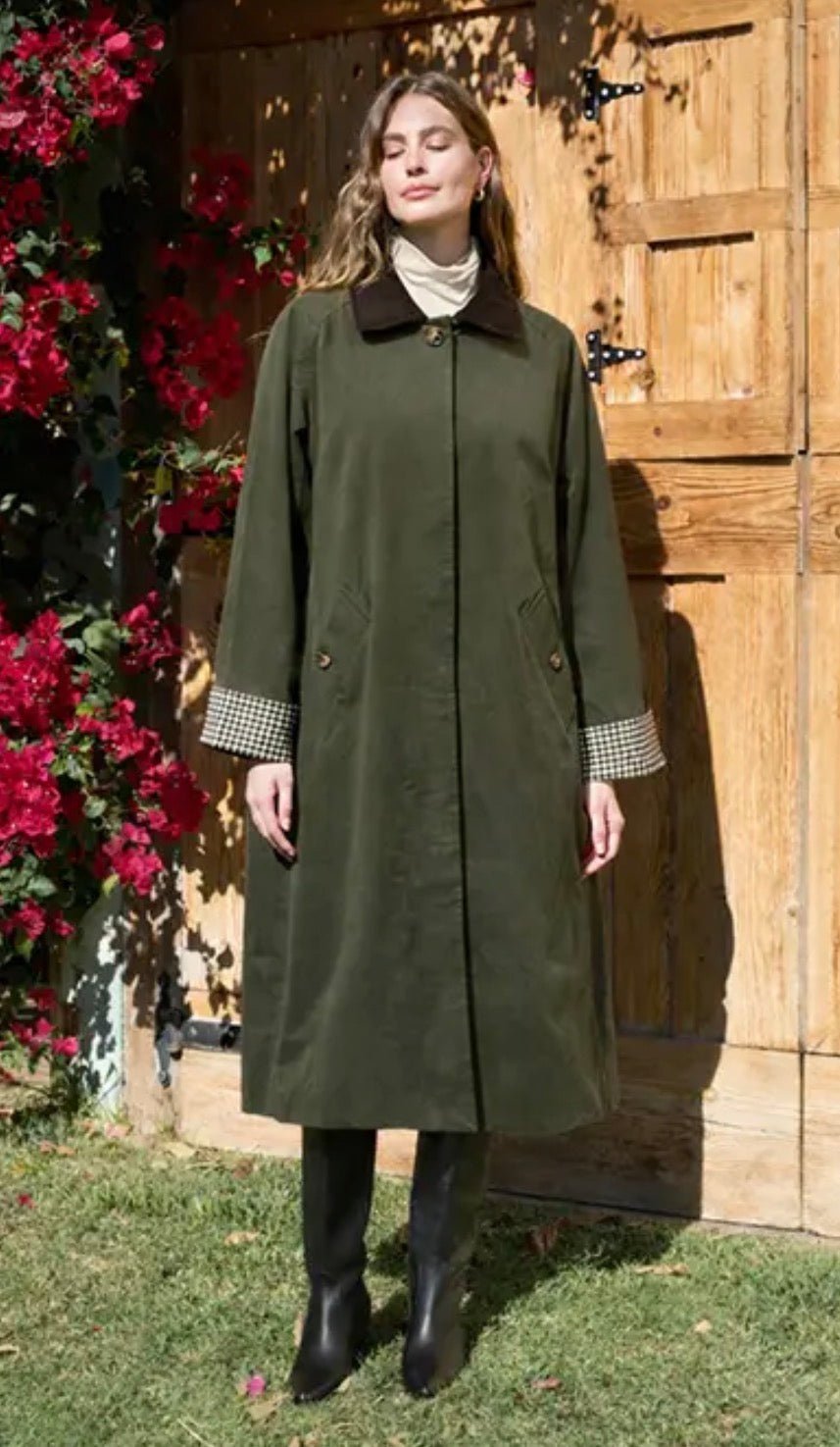Contrast Plaid Car Coat in Olive Brown — view 1