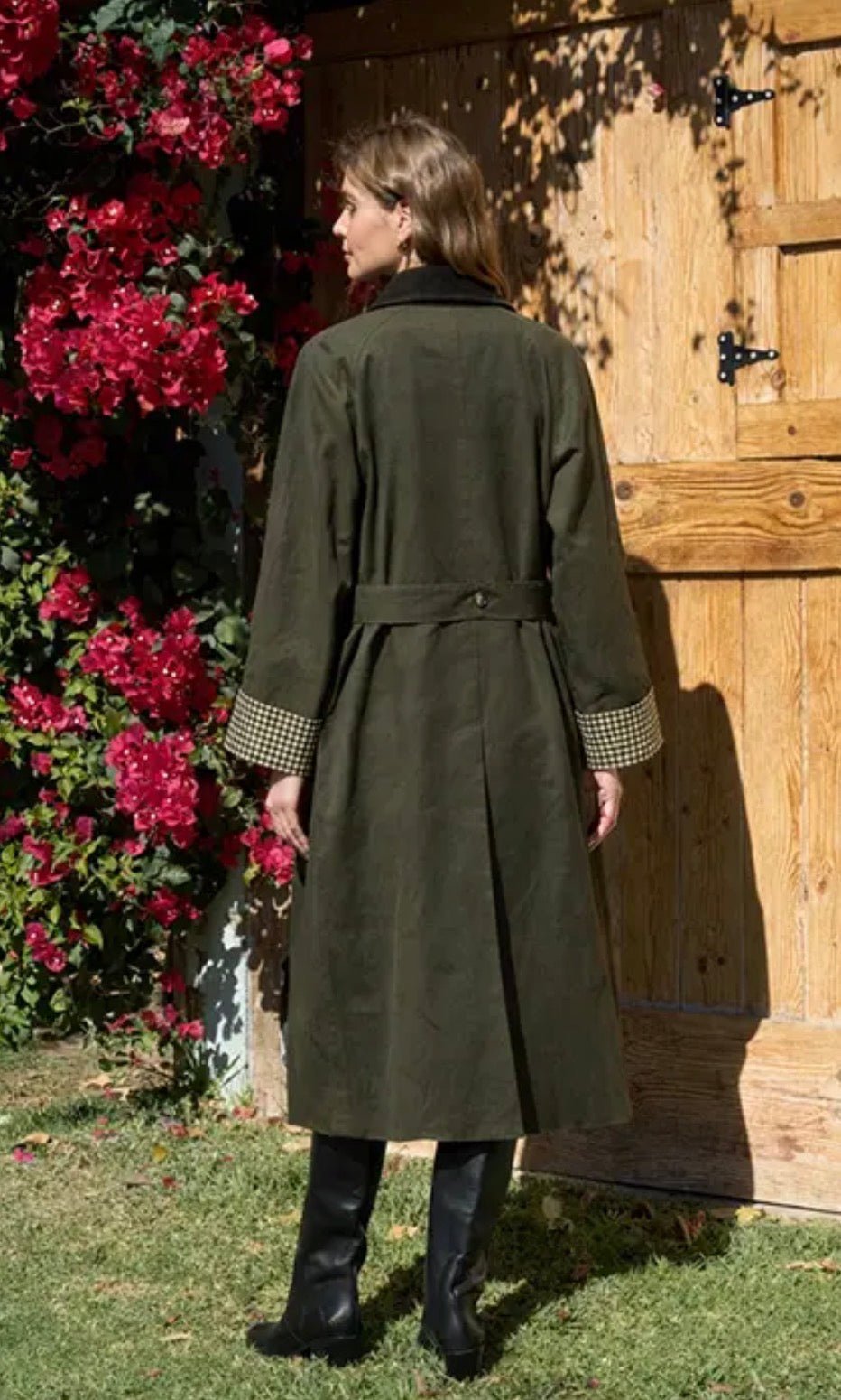 Contrast Plaid Car Coat in Olive Brown — view 2