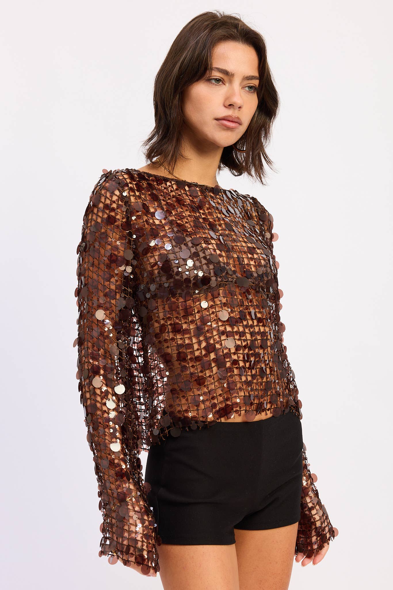Long Sleeve Sequin Mesh Top in Brown — view 7