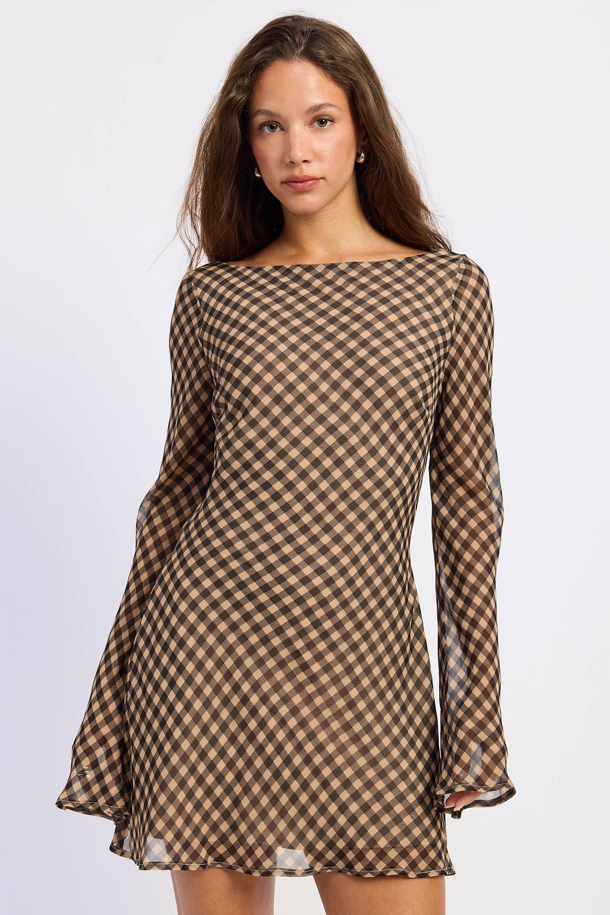 Gingham Long Sleeve Mini Dress in Black and Brown — front