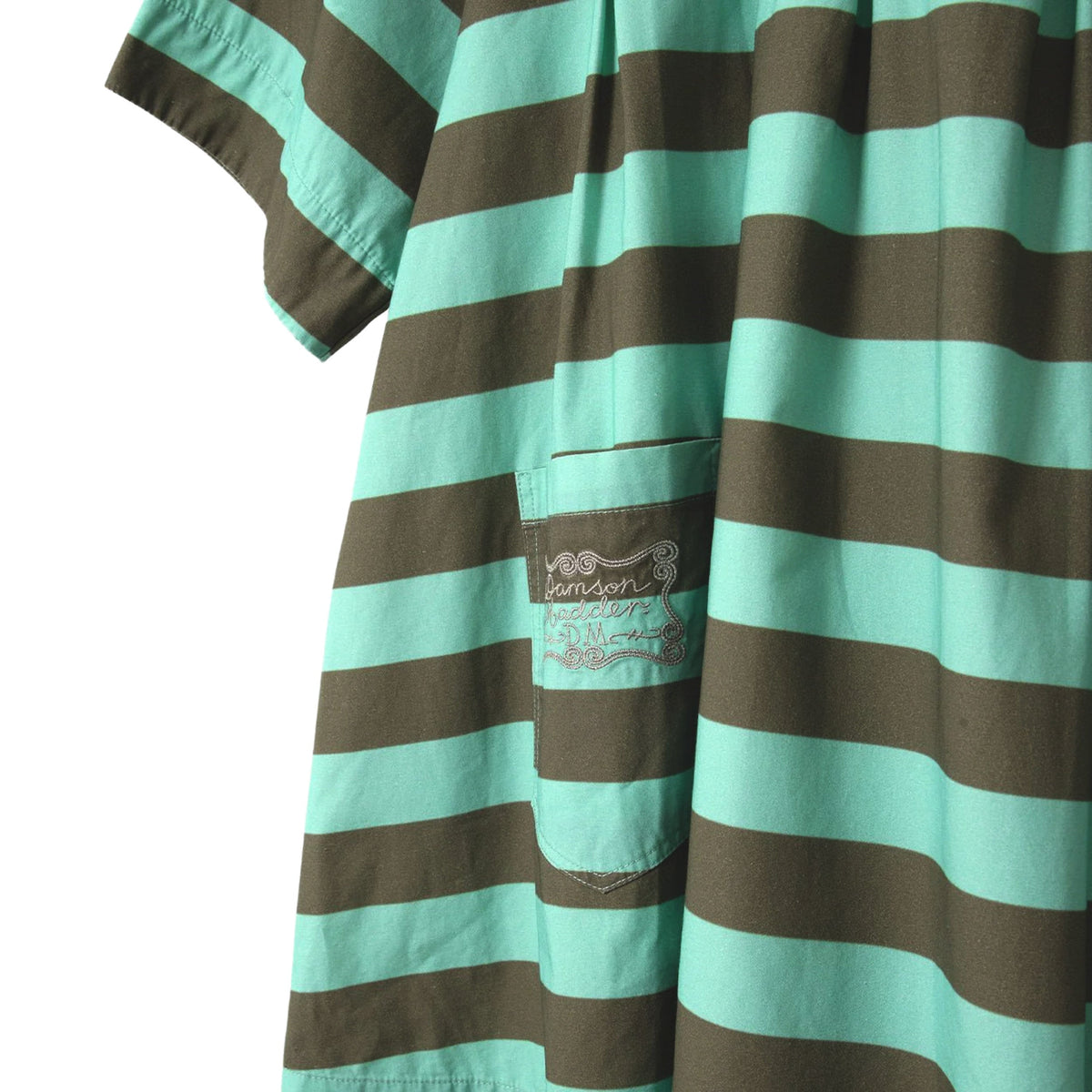 Maggie Mini Polo Dress by Damson Madder — close-up of the stripe and pocket