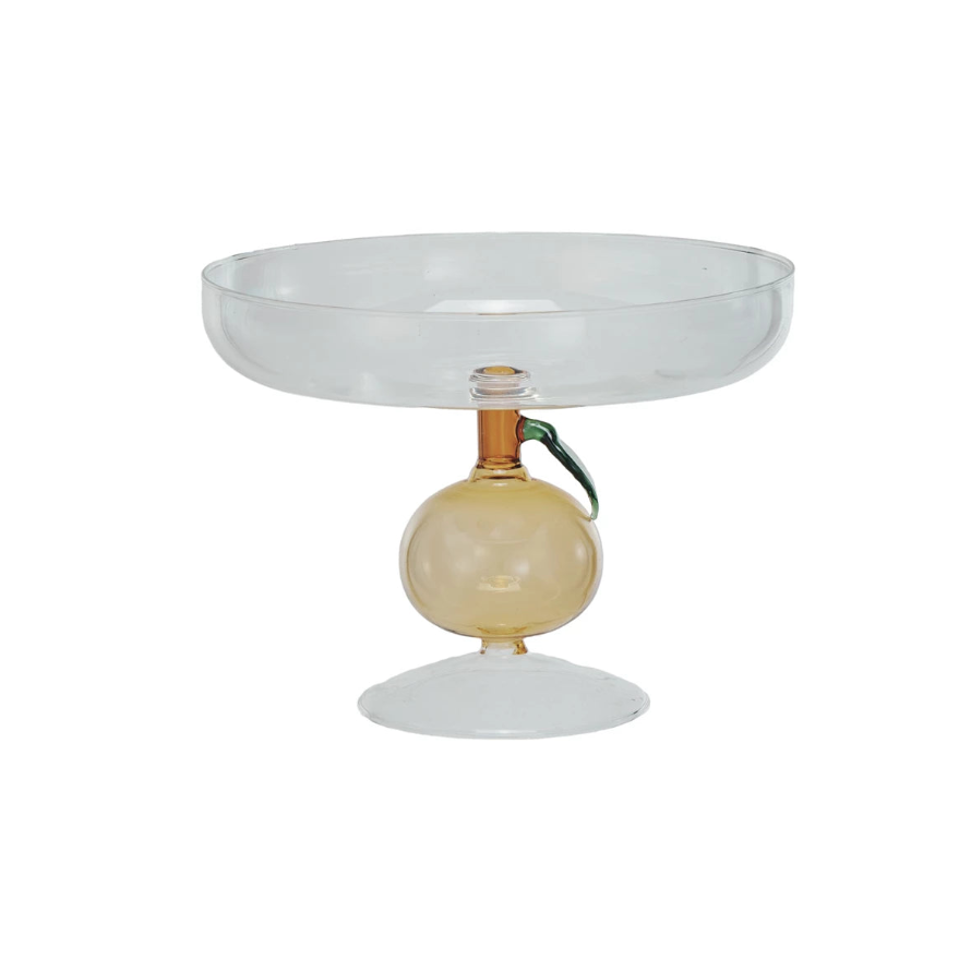 Glass Pedestal w/ Orange Shaped Base, Green & Amber Color — front view