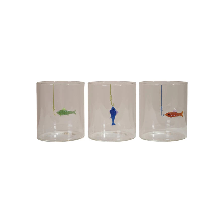 Hand-Blown Drinking Glass with Fish On Hook — front view