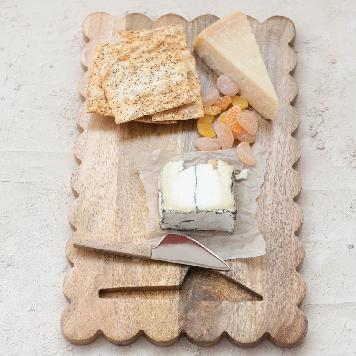 Mango Wood Scalloped Cheese/Serving Board w/ Stainless Steel Cheese Knife — view 3