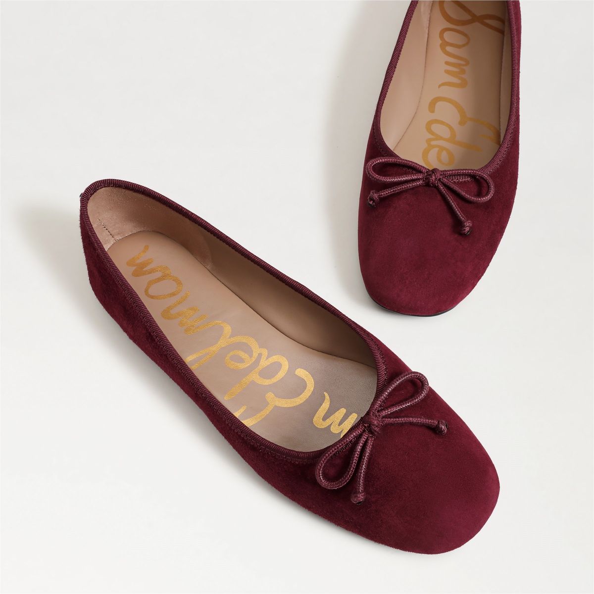 Alie Bow Ballet Flat in French Merlot by Sam Edelman — close-up of the suede and bow