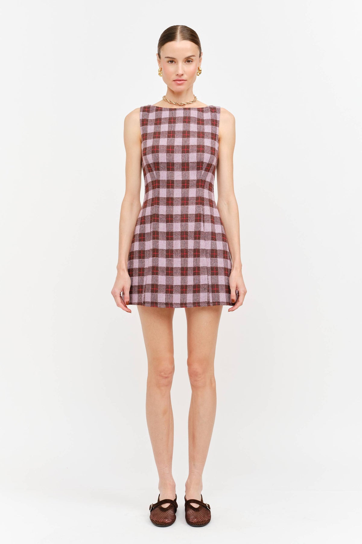 Victoria Boat Neck Mini Dress in Mauve Plaid — view 1
