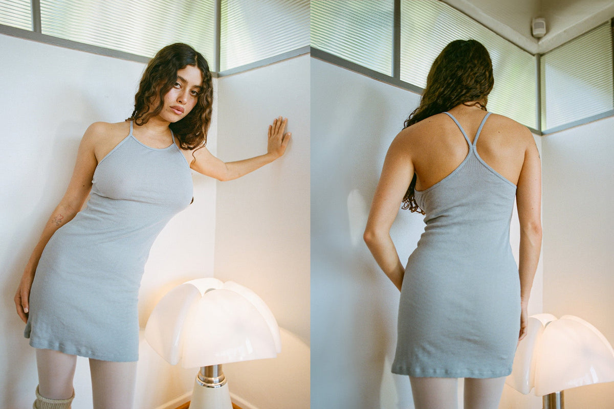 Pointelle Miro Mini Dress in Neutral Grey — studio, front and racer back