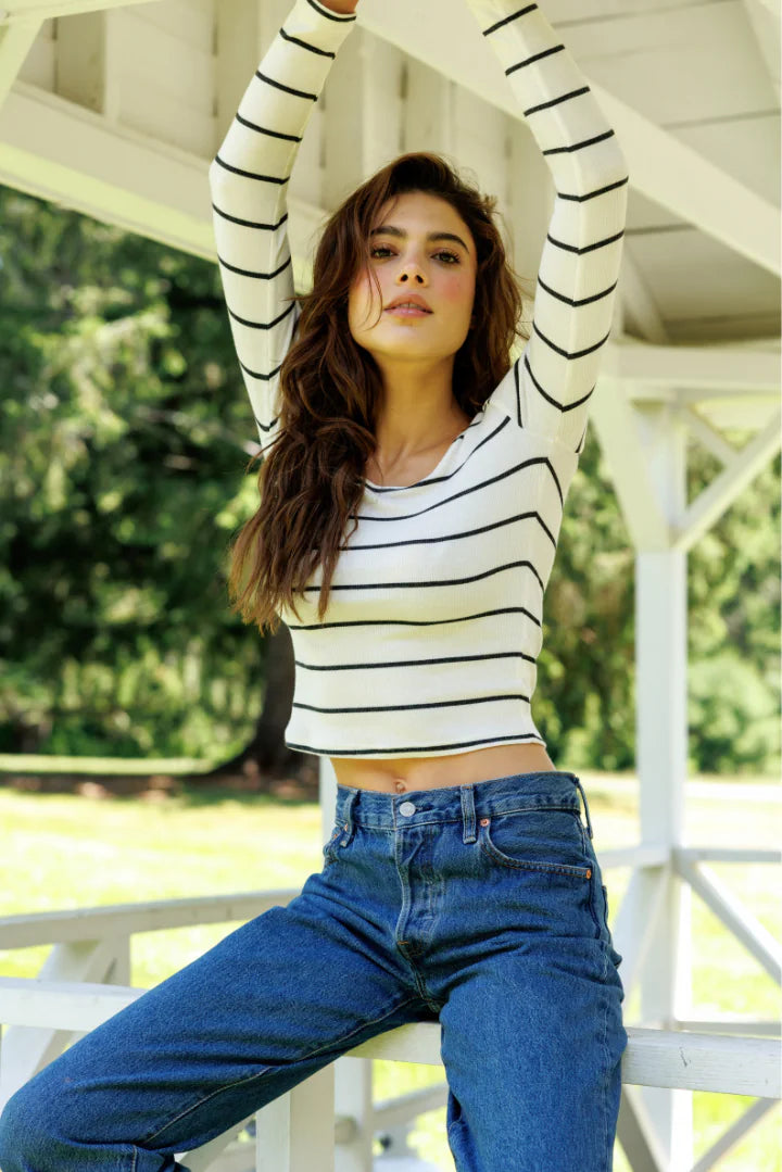 Penelope Micro Modal Cashmere Rib Long Sleeve Scoop Neck Top in Natural and Charcoal Stripe, front view on model