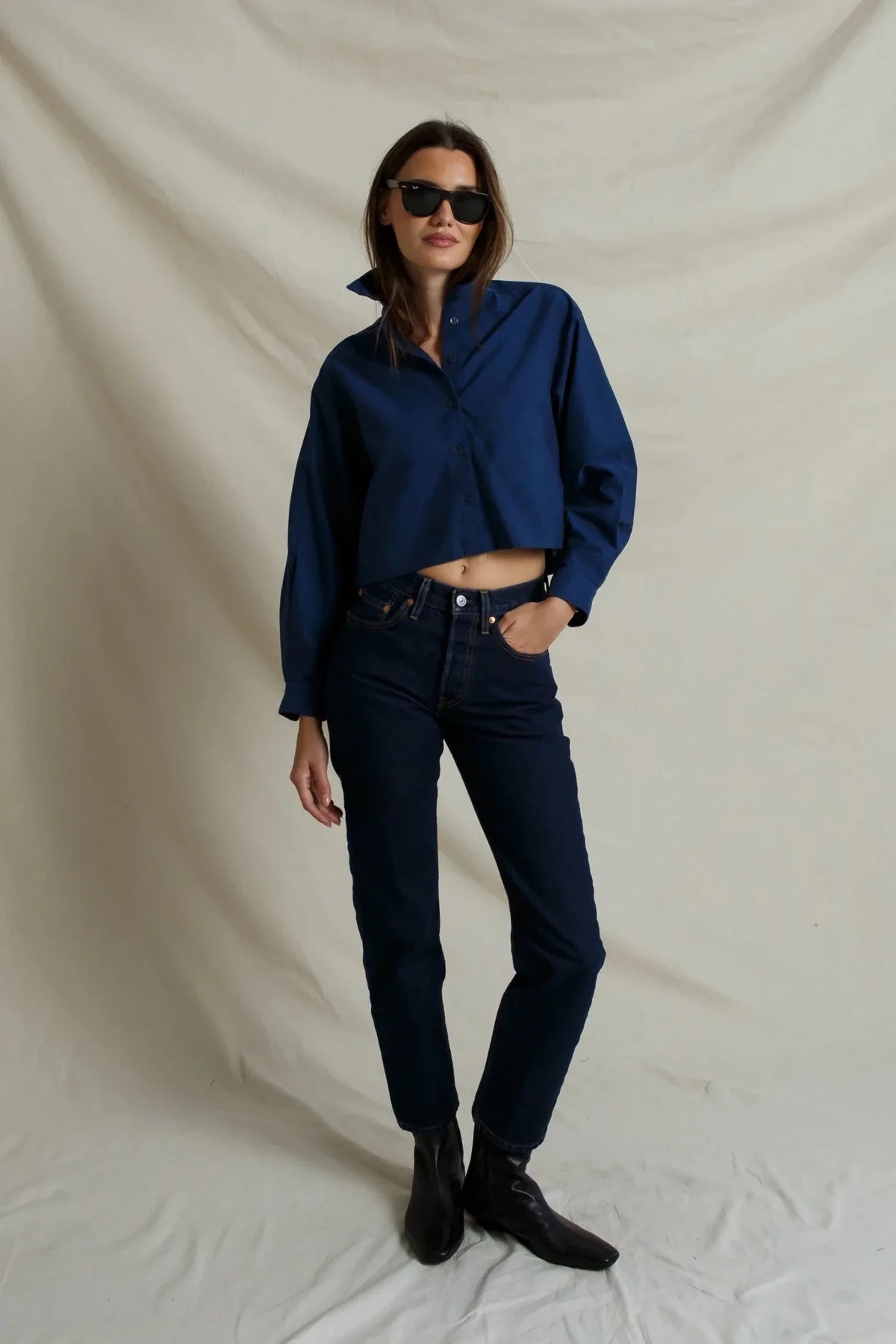 Naomi Button Down Shirt in Navy, full length on model with jeans