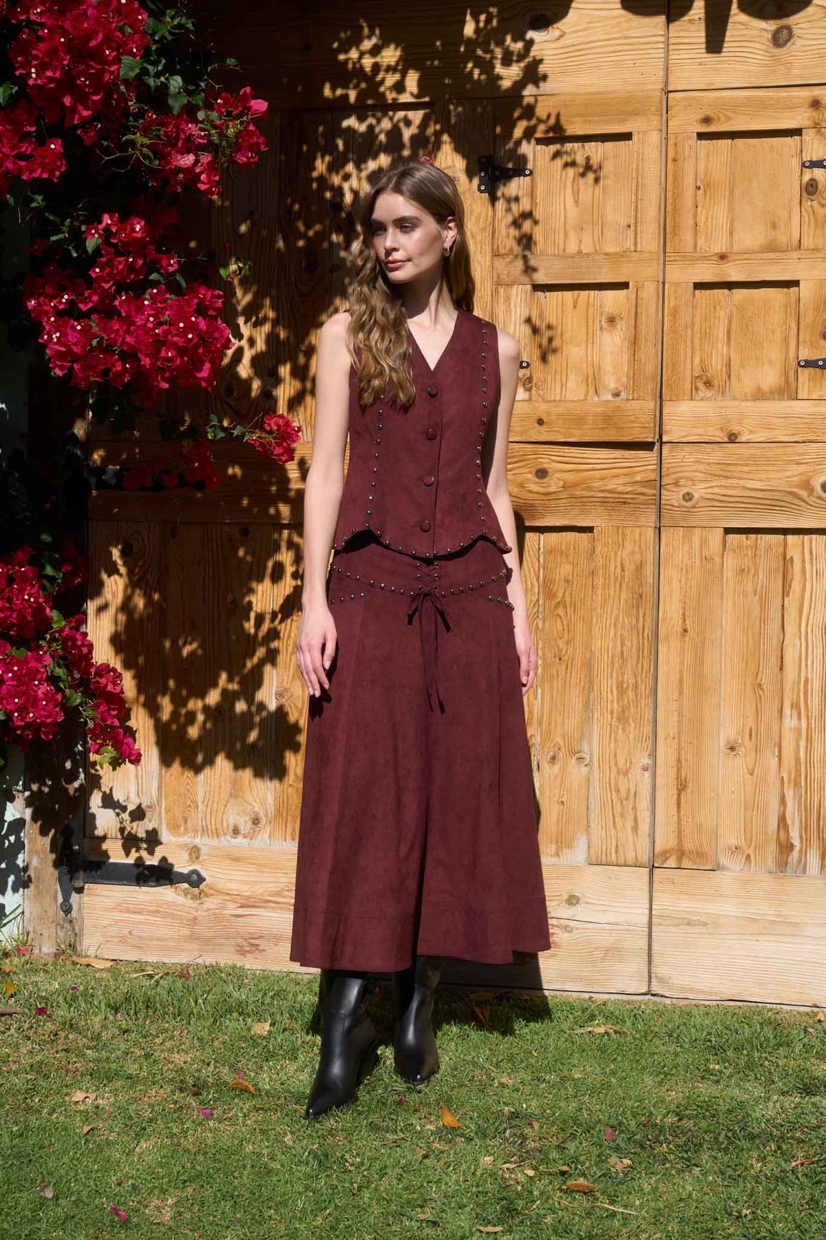 Studded Front Lace-Up Faux Suede Midi Skirt in Oxblood