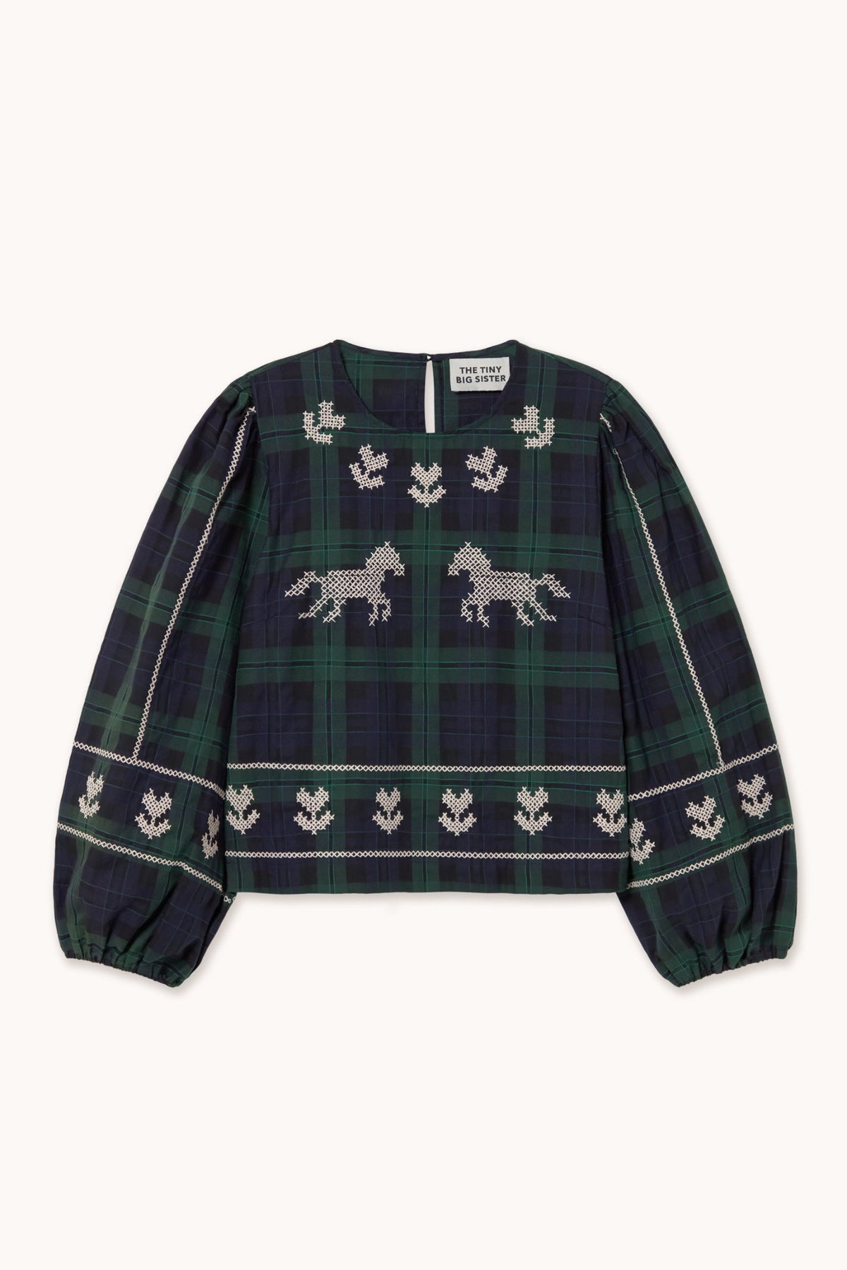 Embroidered Check Puff Sleeves Blouse in Navy and Dark Green — The Tiny Big Sister — view 1