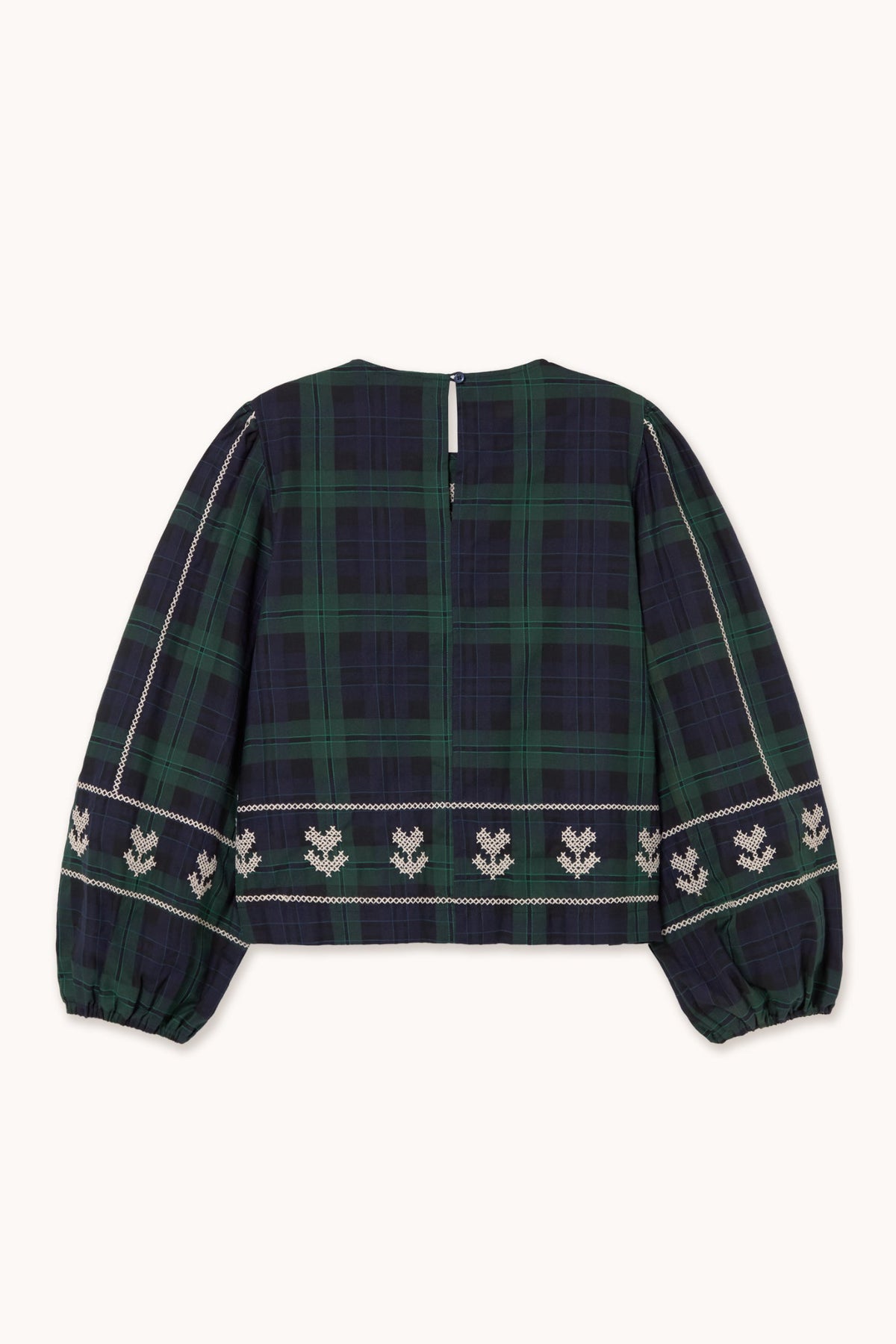 Embroidered Check Puff Sleeves Blouse in Navy and Dark Green — The Tiny Big Sister — view 2