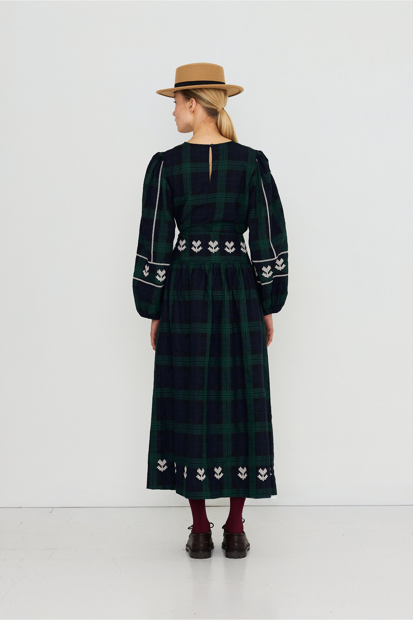 Embroidered Check Puff Sleeves Blouse in Navy and Dark Green — The Tiny Big Sister — view 5