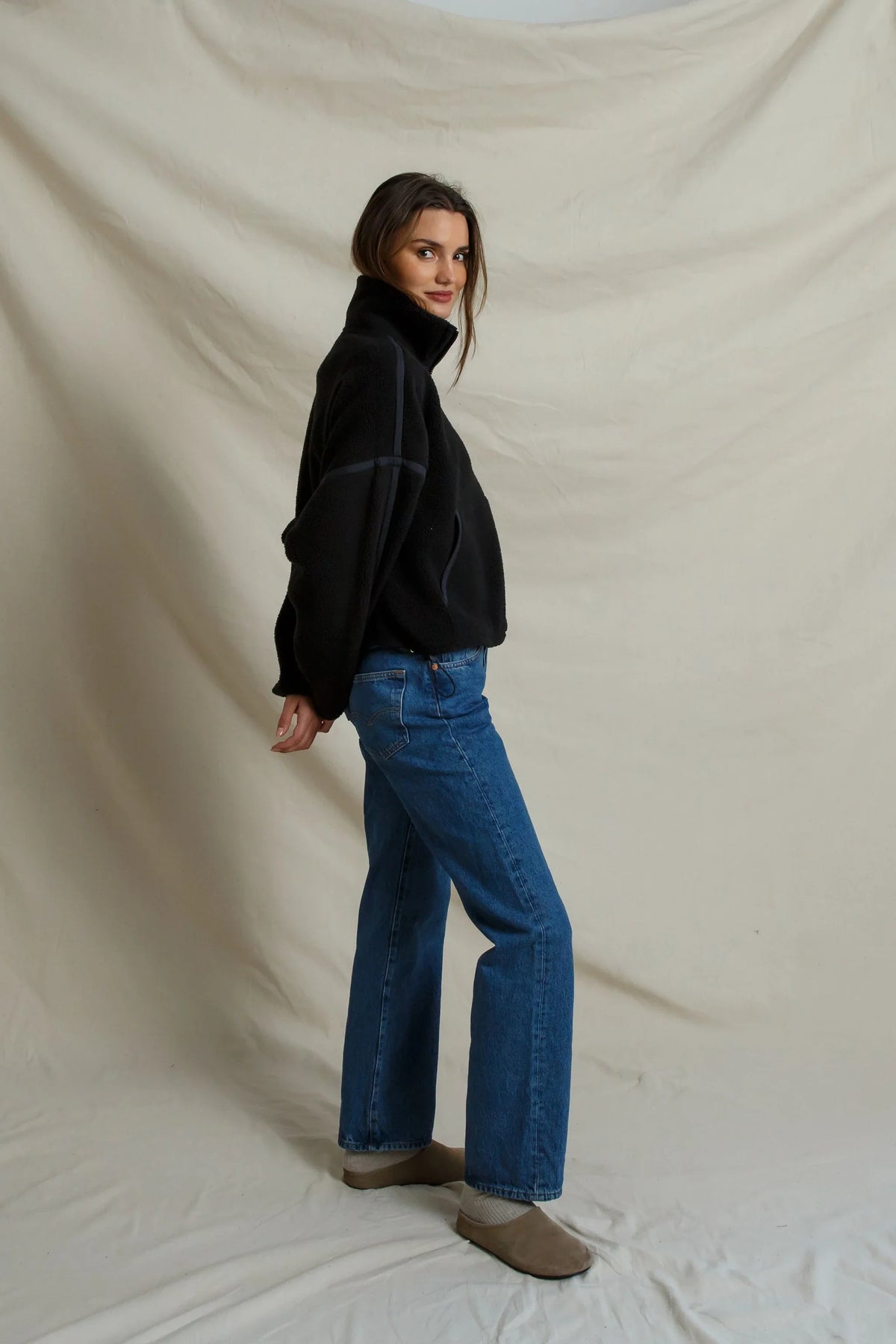 Tristan Sherpa Fleece Half Zip in True Black - view 3