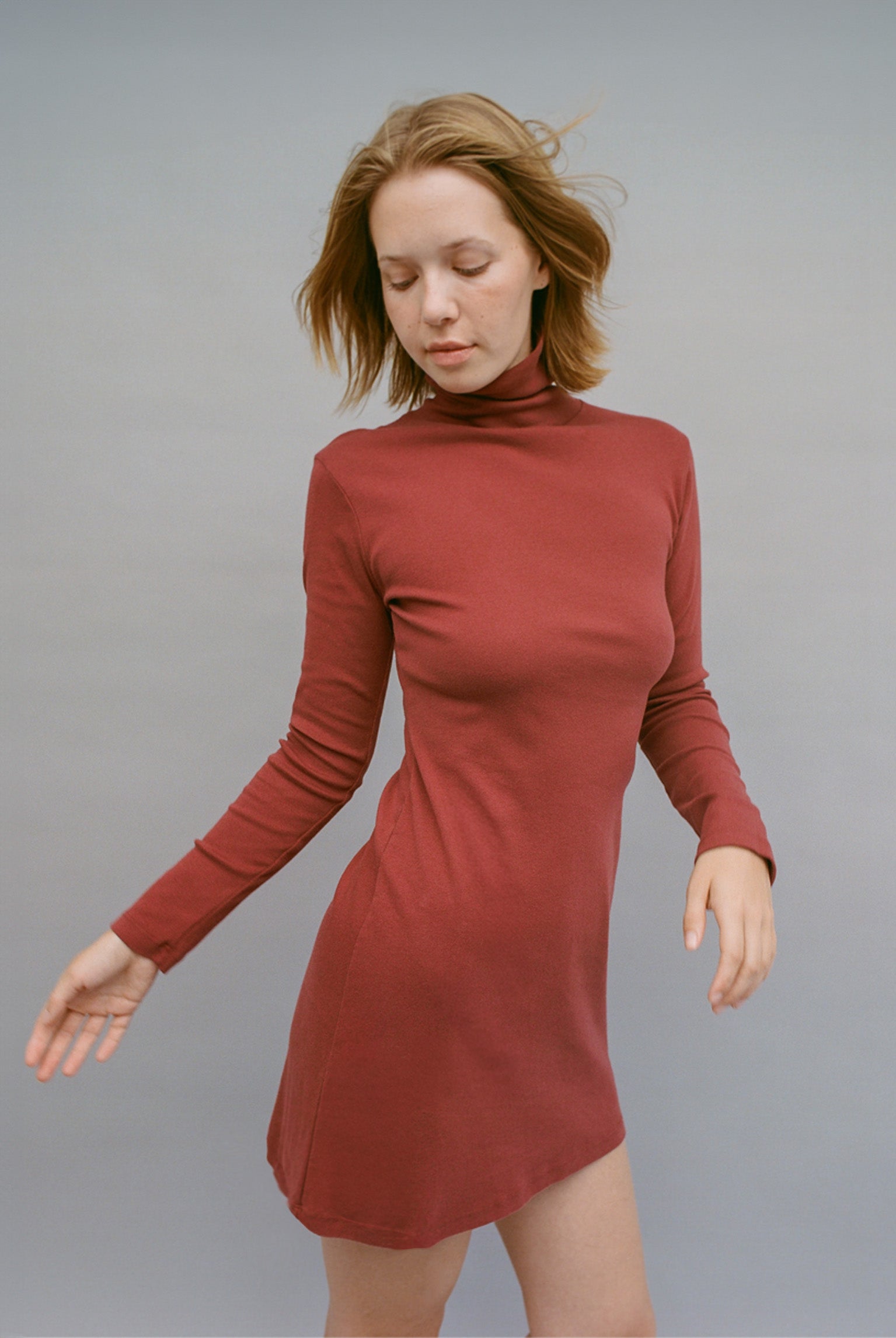 Bellevue Turtleneck Long Sleeve Mini Dress in Sangria — detail view