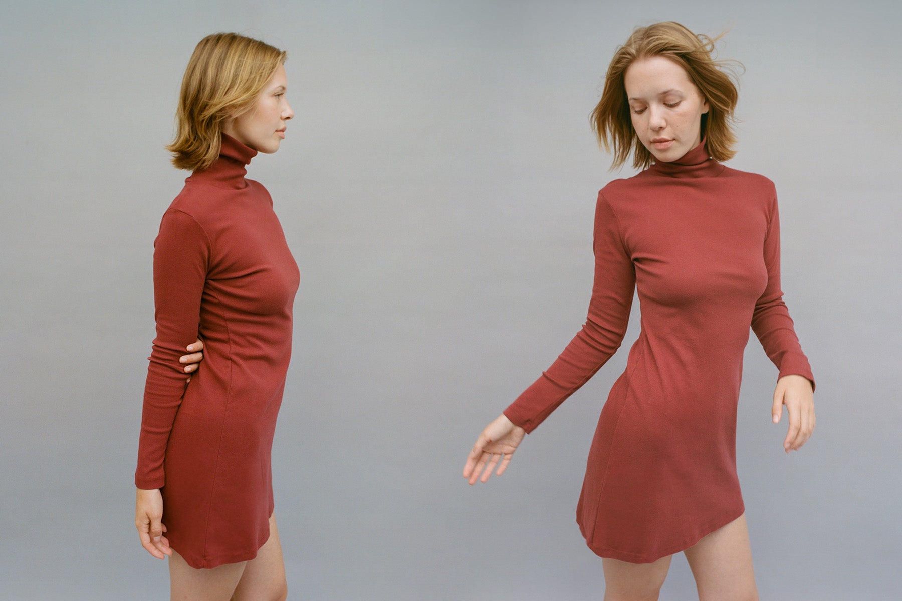 Bellevue Turtleneck Long Sleeve Mini Dress in Sangria — studio, front and side