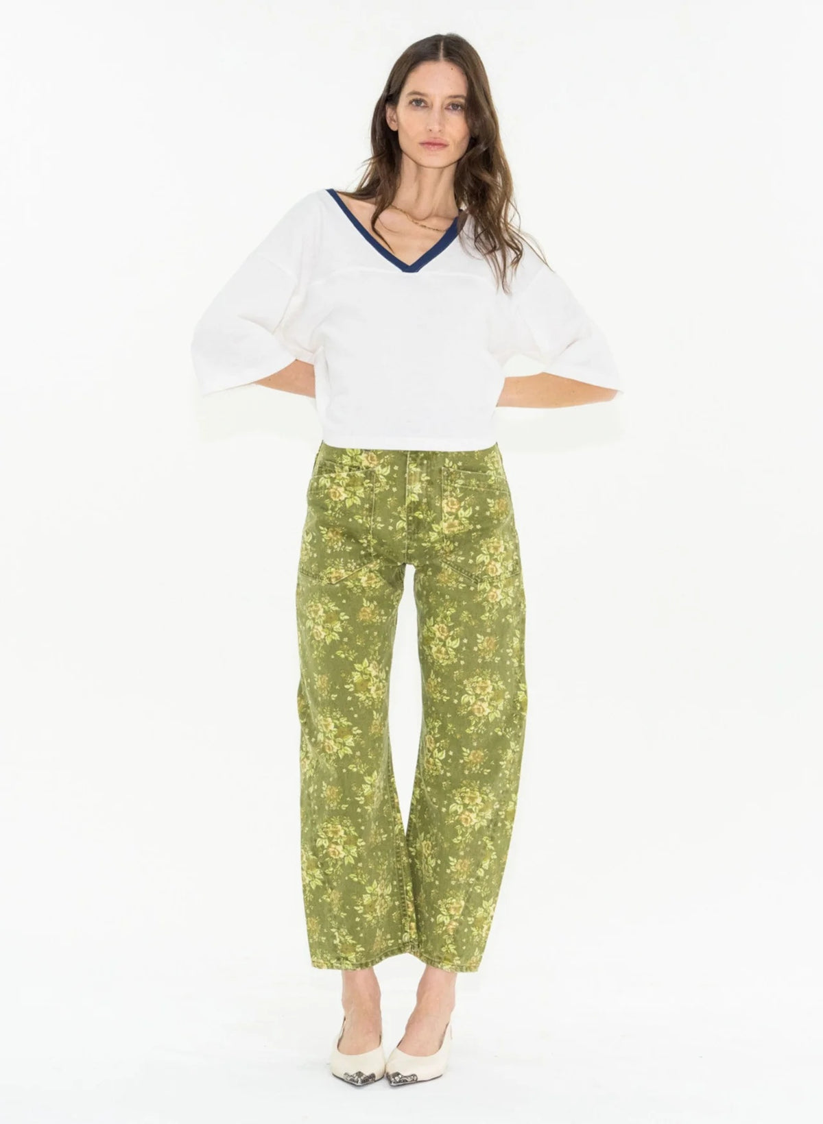 Twisted Barrel Pant in Floral Camo — styled view