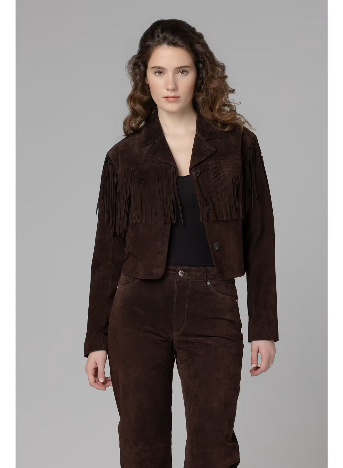 Real Suede Fringe Blazer in Iced Chocolate by BLANKNYC — front view worn open