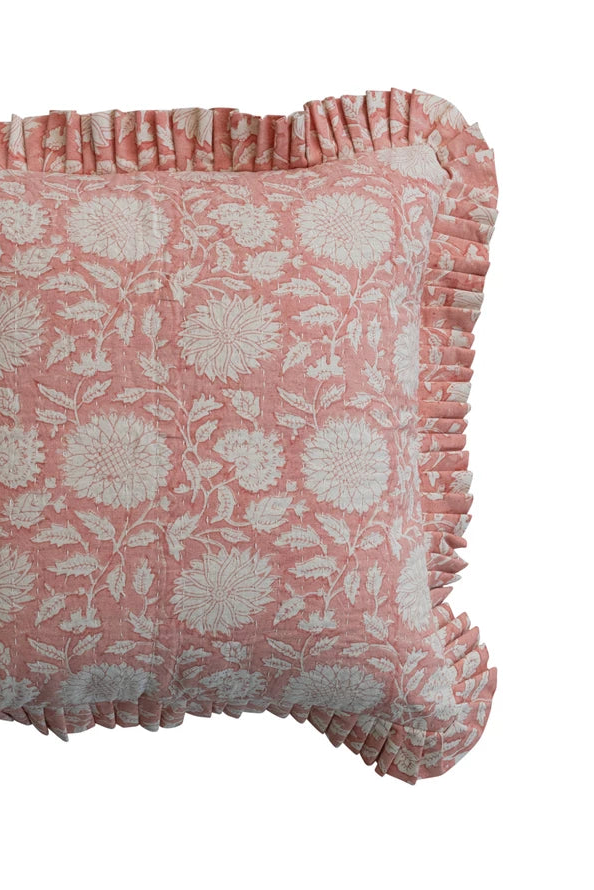 Square Pillow with Hand-Embroidered Kantha Stitch & Ruffled Edge