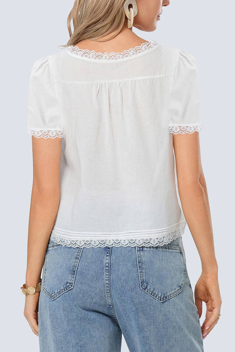 Lace-Trim Button-Down T-Shirt in White — back view