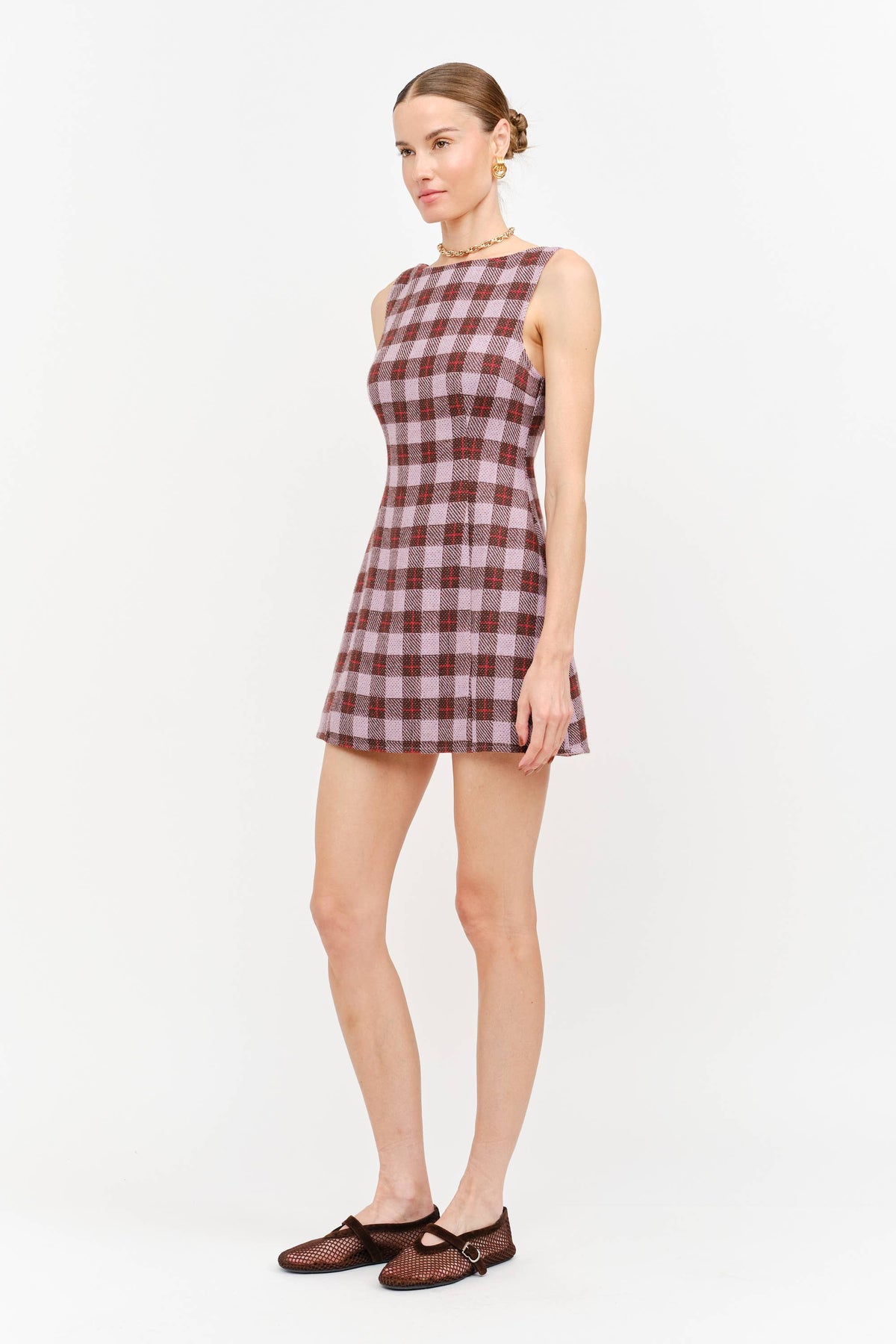 Victoria Boat Neck Mini Dress in Mauve Plaid — view 3