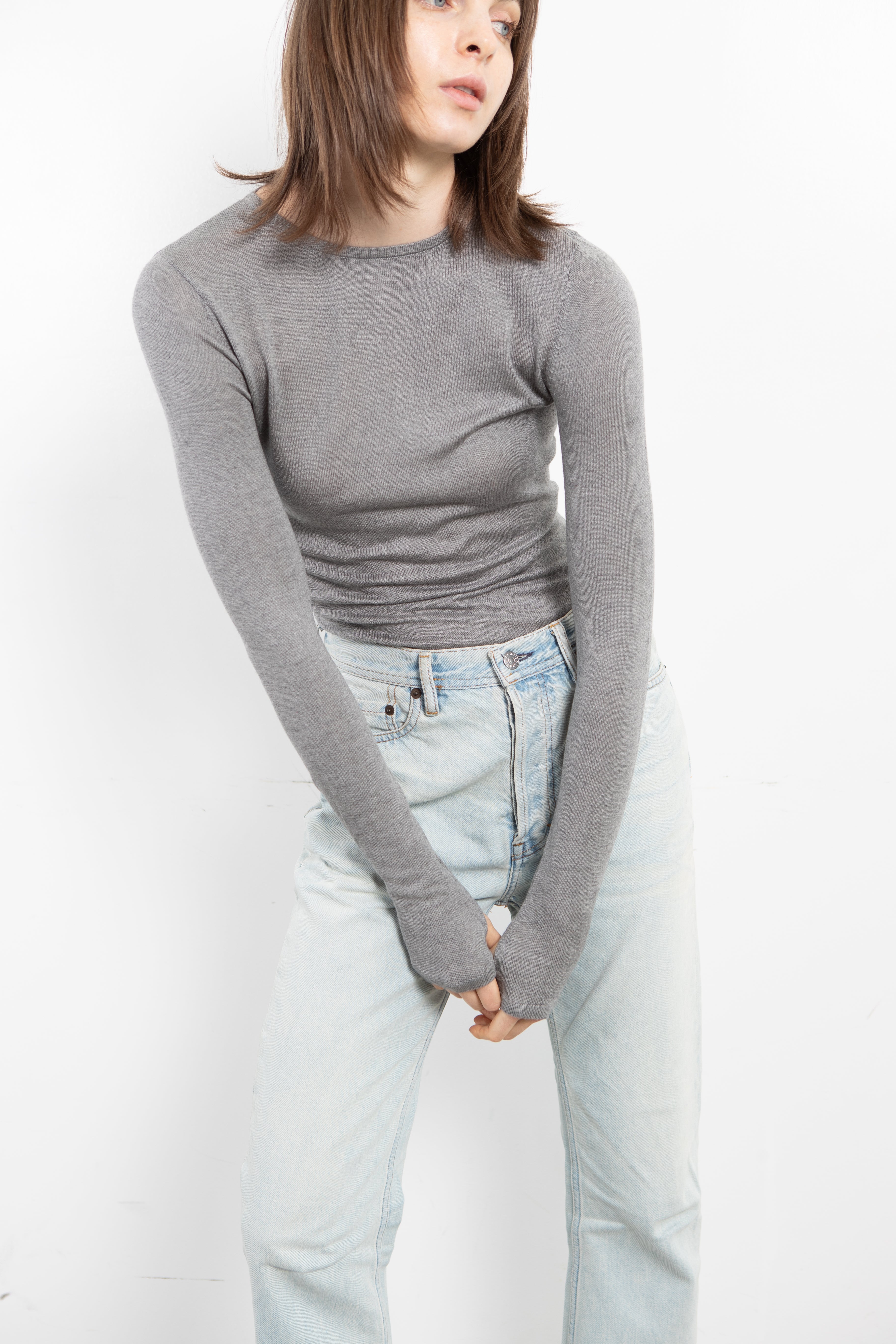 Silk Cashmere Long Sleeve Top in Heather Grey