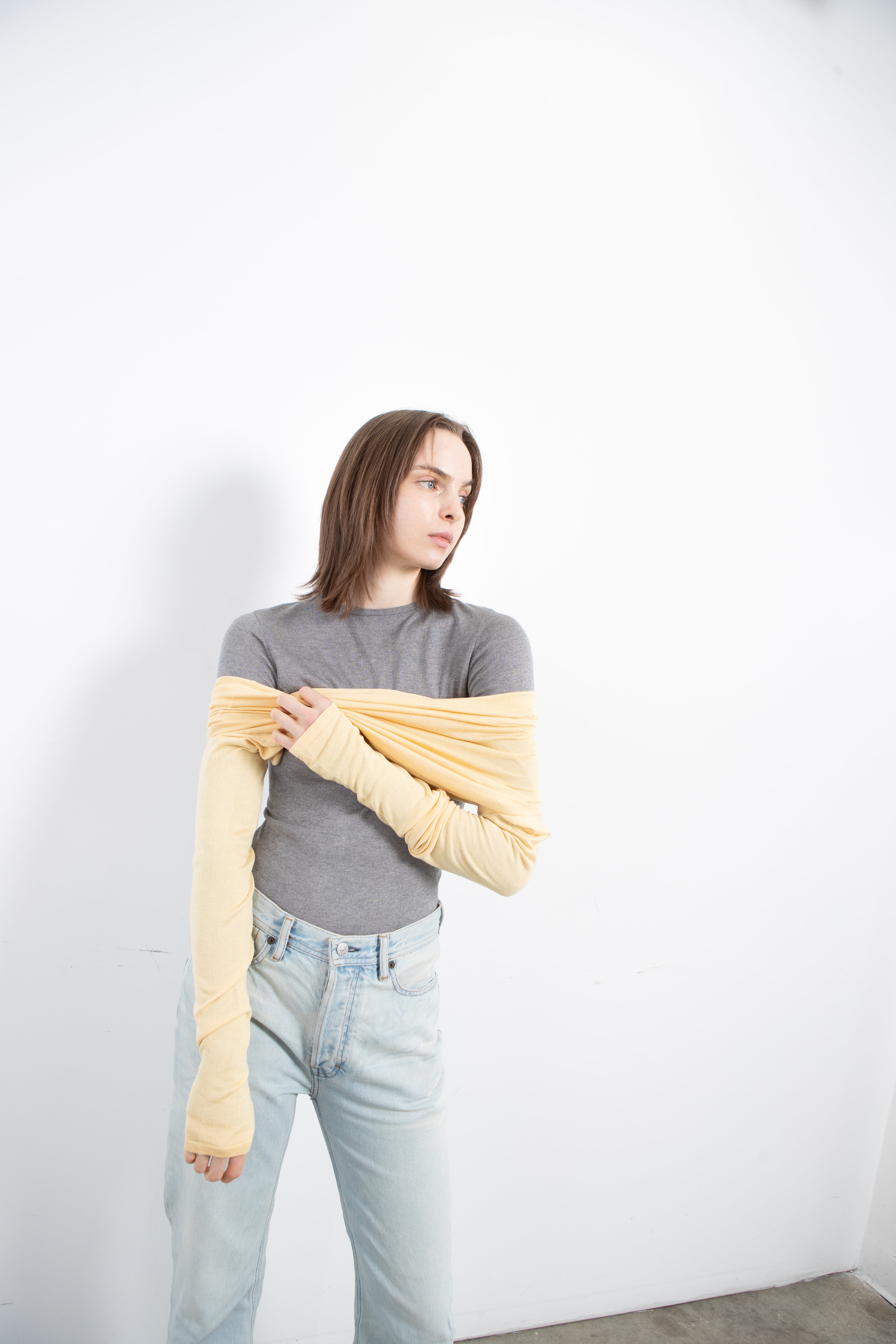 Silk Cashmere Long Sleeve Top in Heather Grey