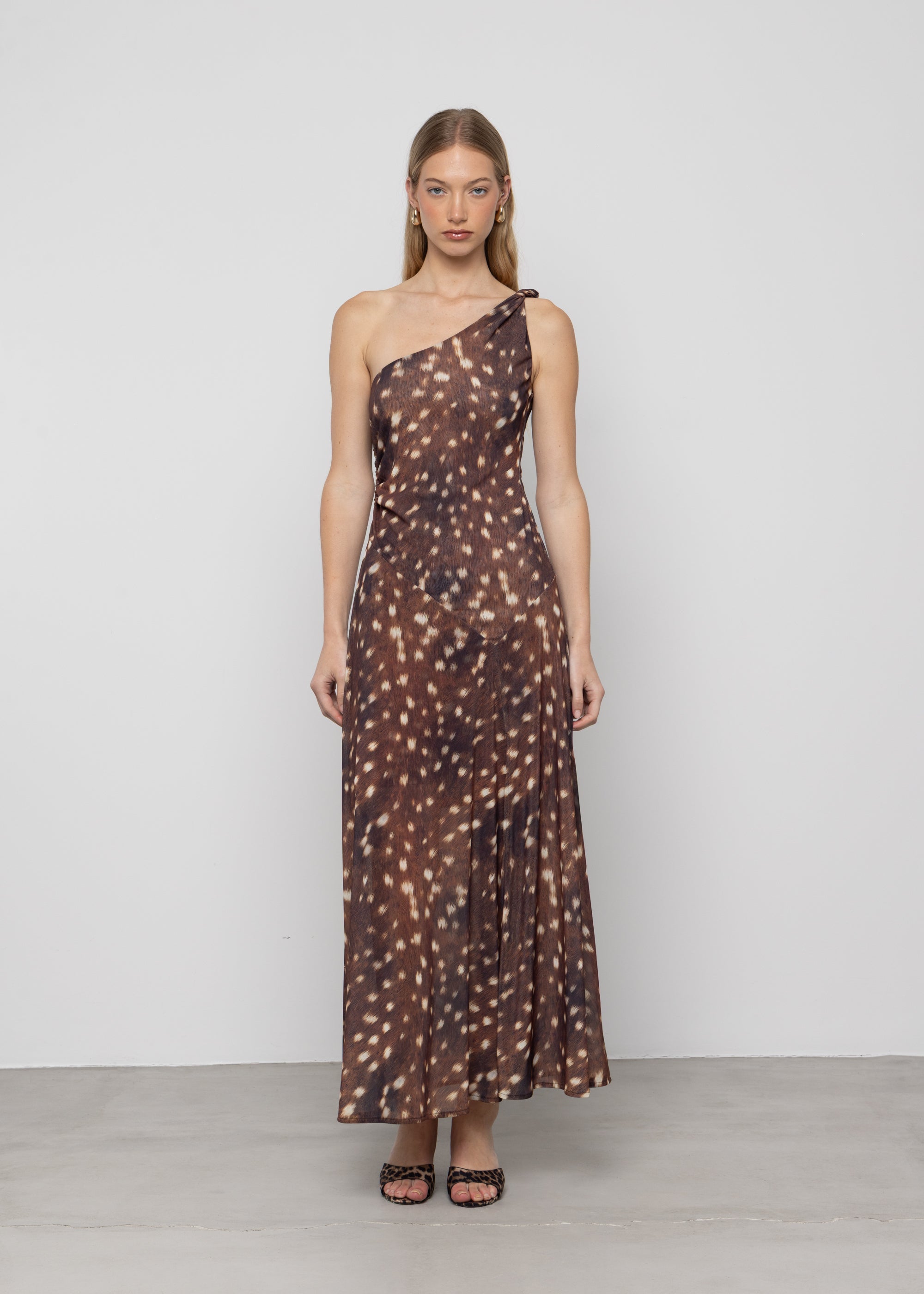 One-Shoulder Twist Maxi Dress in Deer Print
