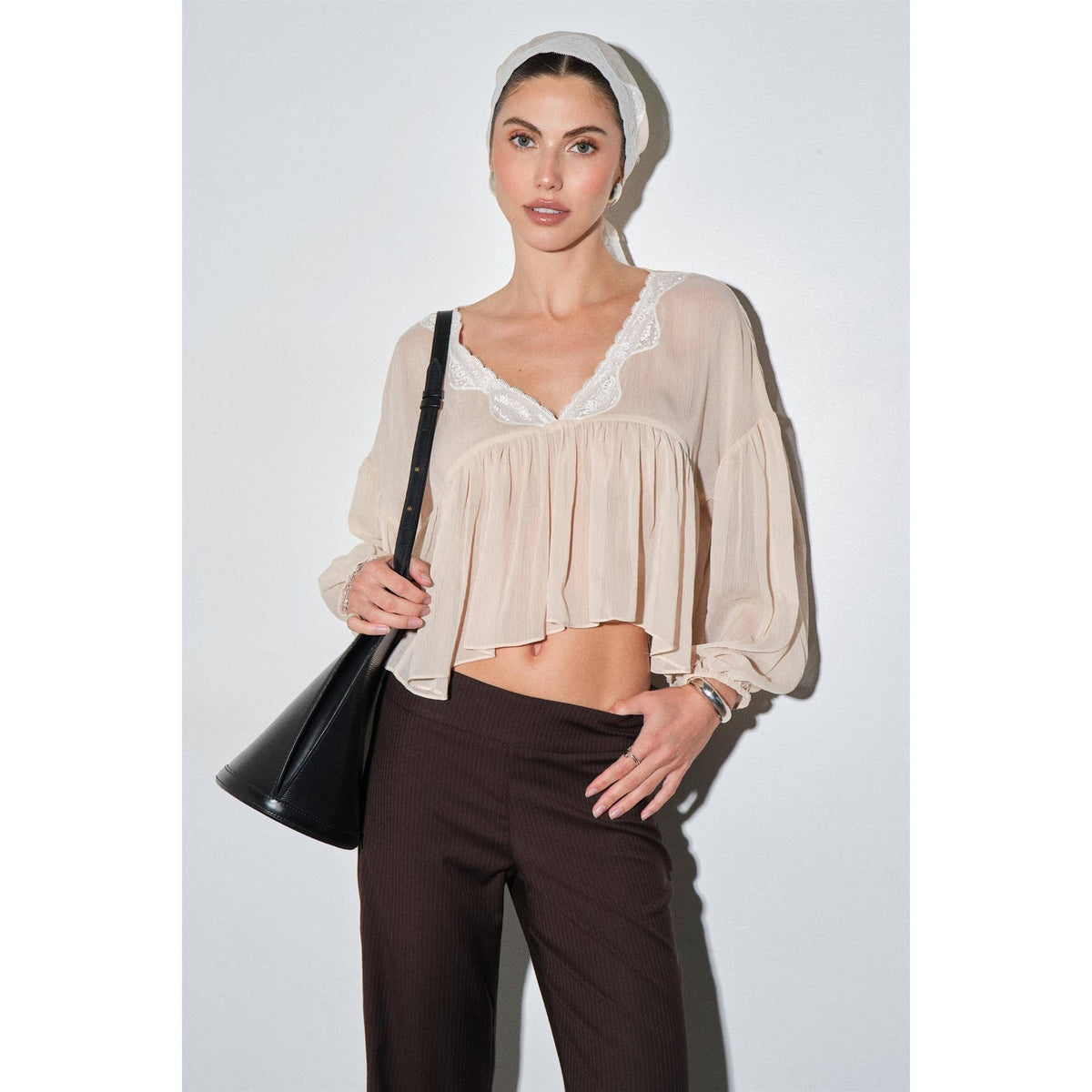 Rosalie Sheer Chiffon Lace Trim Babydoll Blouse with Scarf in Tan — view 4