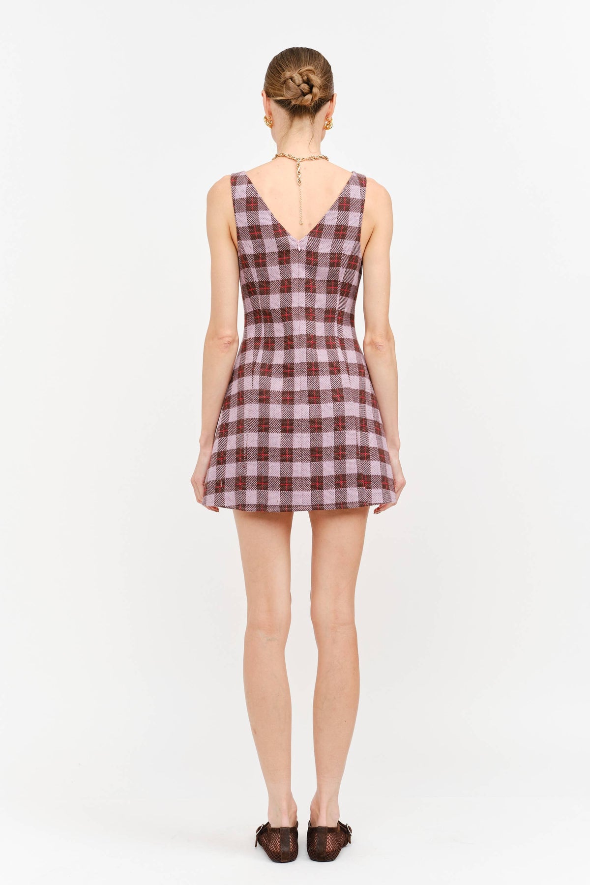 Victoria Boat Neck Mini Dress in Mauve Plaid — view 5