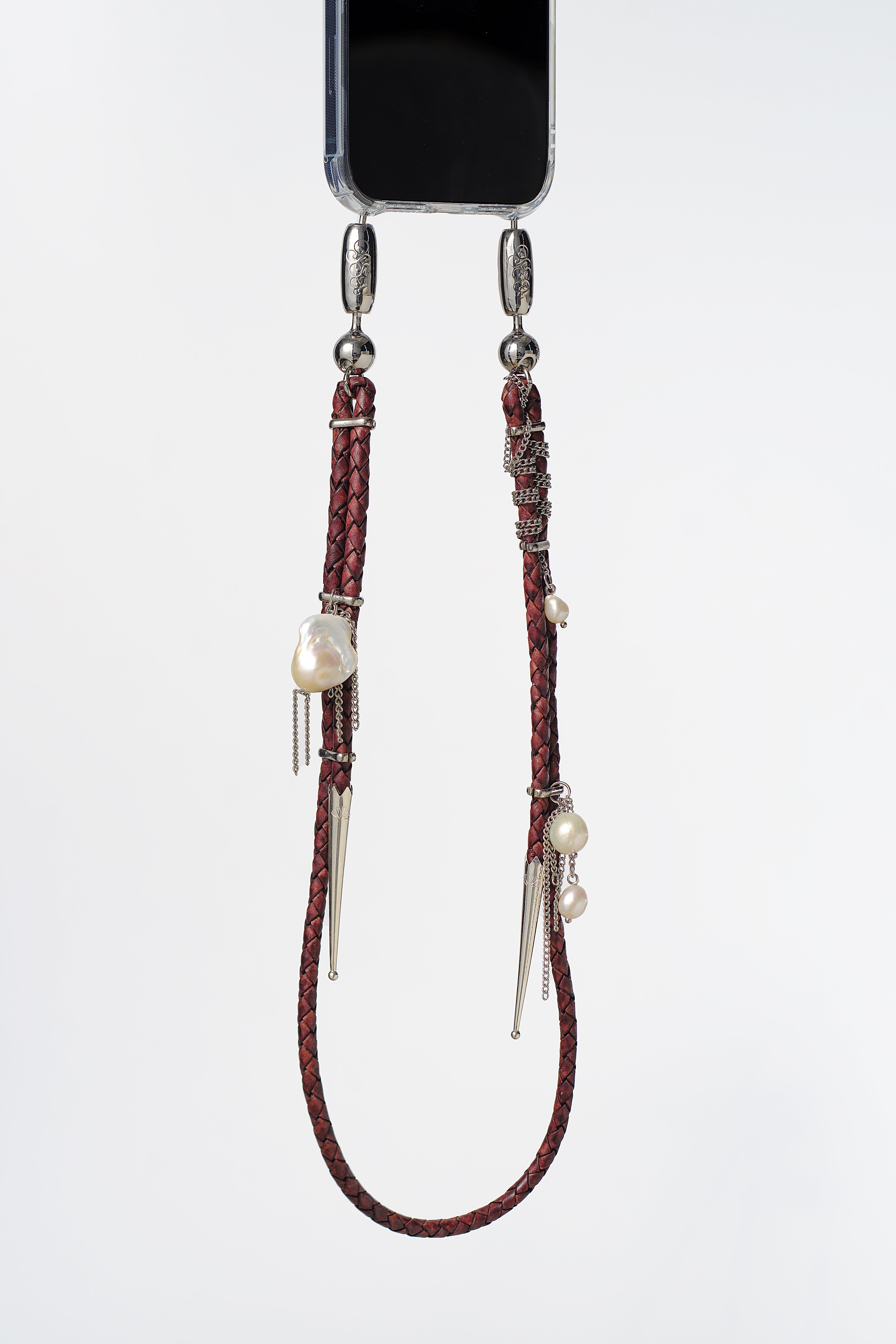 Leather Bolo and Pearl Shoulder Phone Strap in Antique Brown — front view