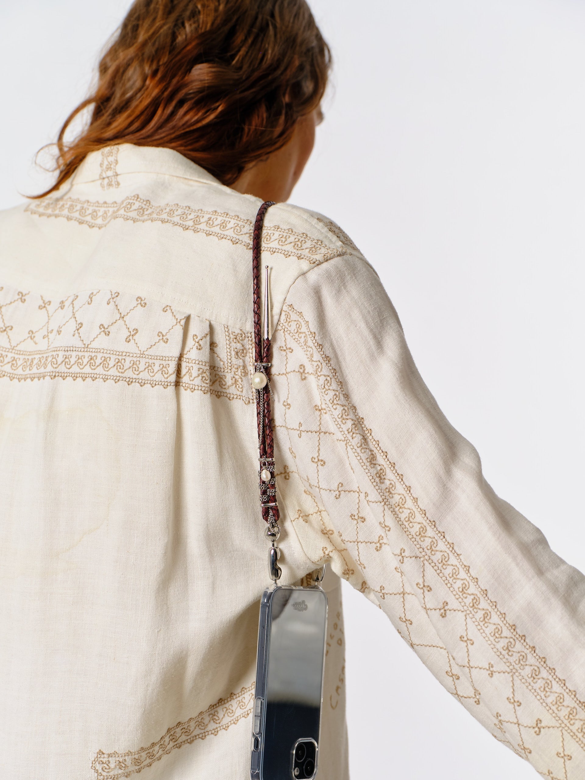 Leather Bolo and Pearl Shoulder Phone Strap in Antique Brown — view 2
