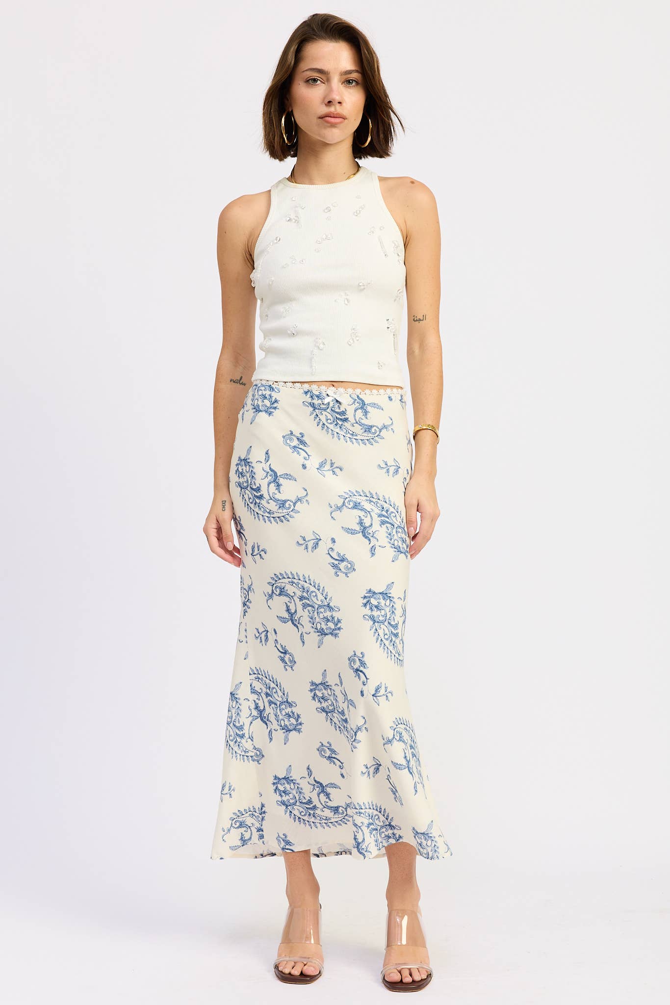 Mermaid Maxi Skirt with Lace Trim in Ivory Blue