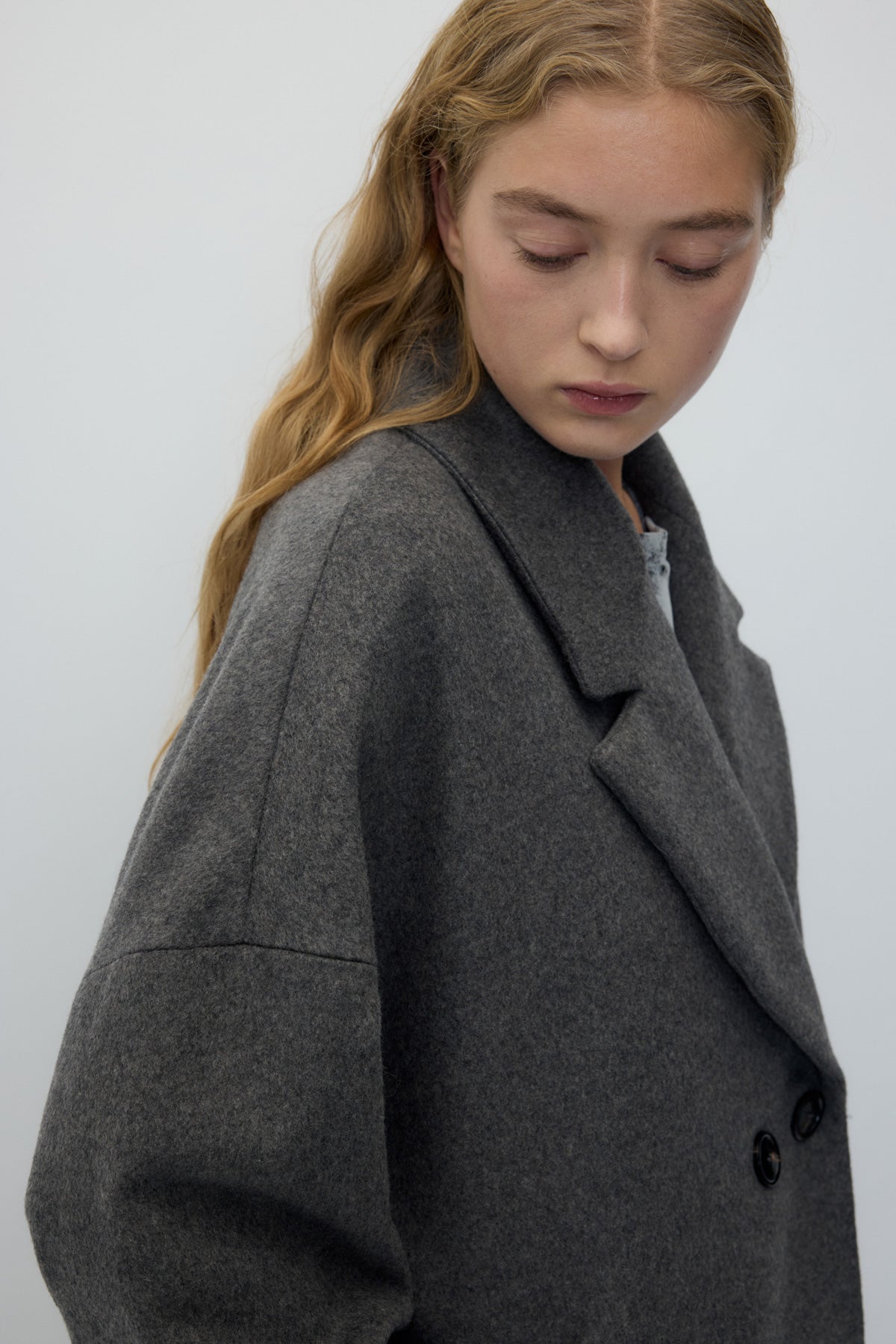 Cedar Coat in Grey — collar and lapel detail