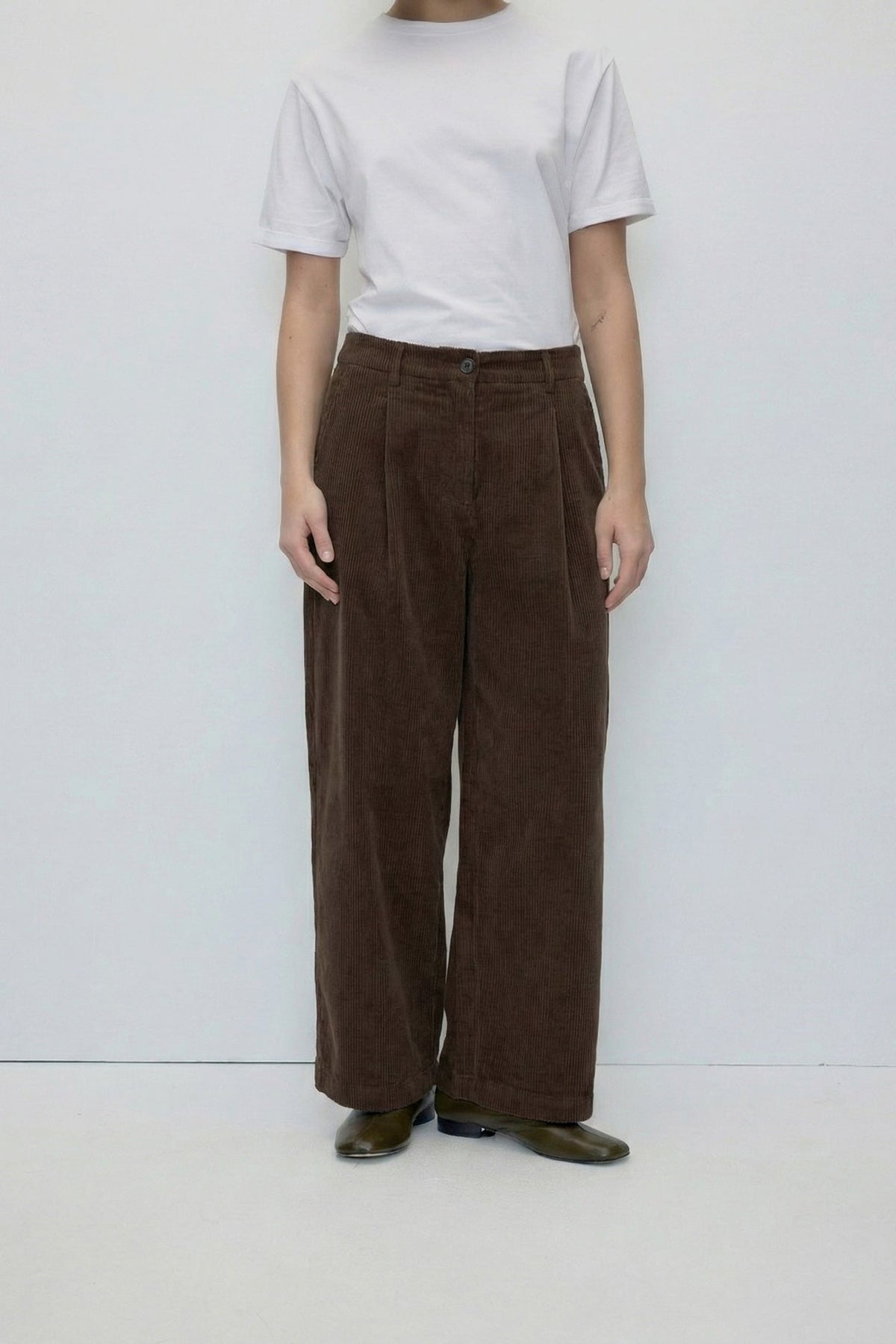 Foam Pants in Brown by Rita Row — front view of the high-waisted brown corduroy balloon trousers