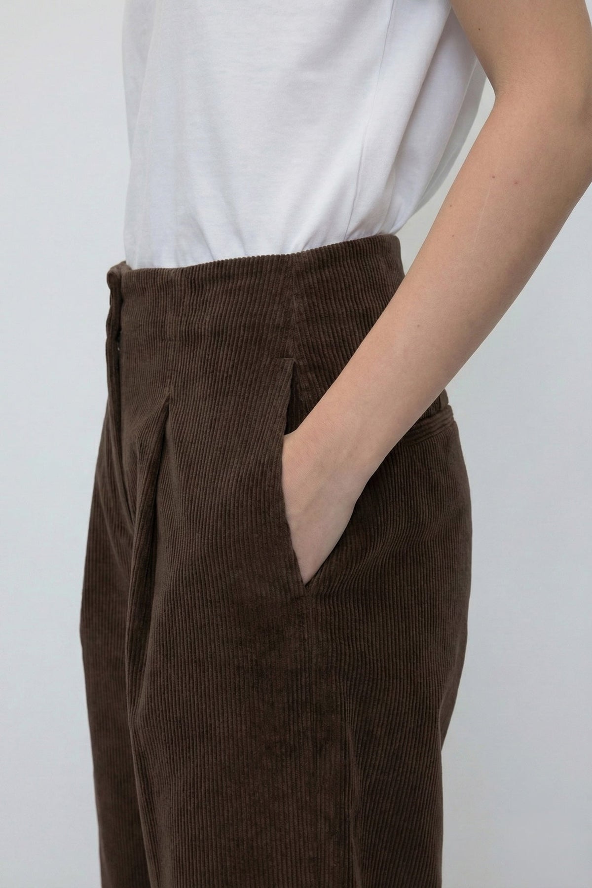 Foam Pants in Brown by Rita Row — second view showing the front pleats and extra-wide leg