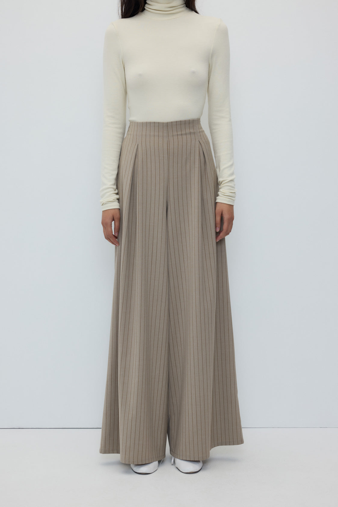 Siena Pants in Beige Stripes by Rita Row — front view of the wide-leg pinstripe crepe trousers