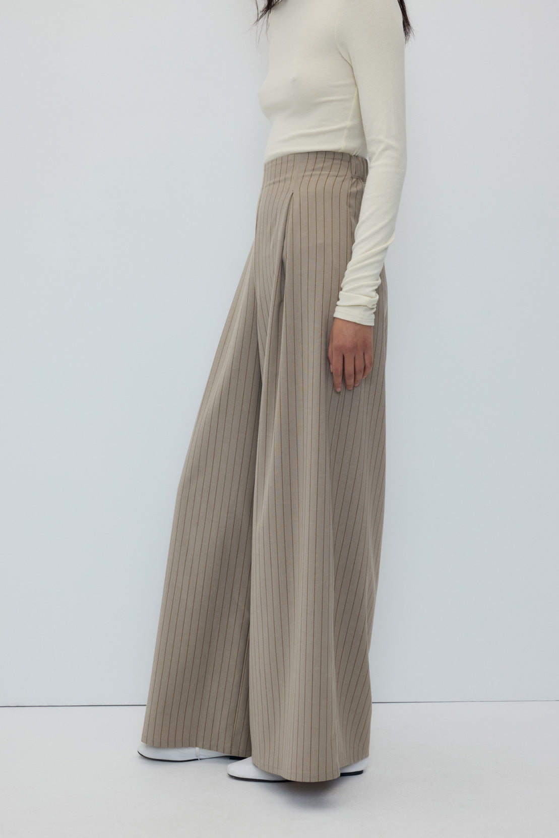 Siena Pants in Beige Stripes by Rita Row — third view of the long wide-leg trousers