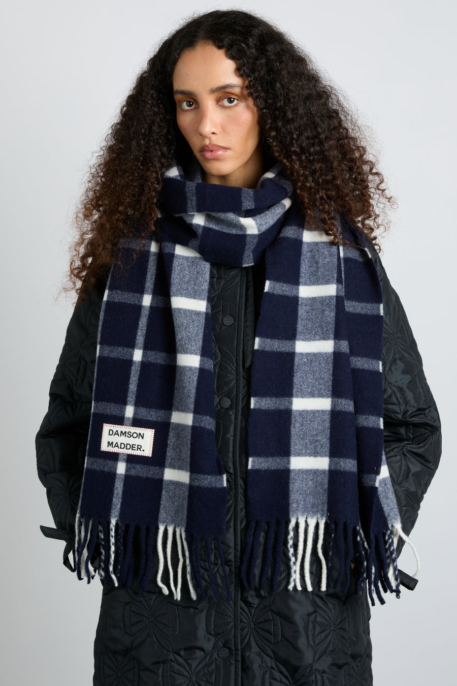 Navy & Ecru Check Scarf in Recycled Wool
