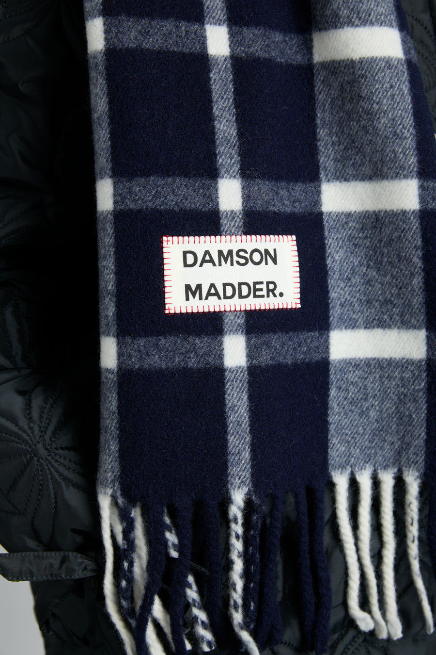 Navy & Ecru Check Scarf in Recycled Wool