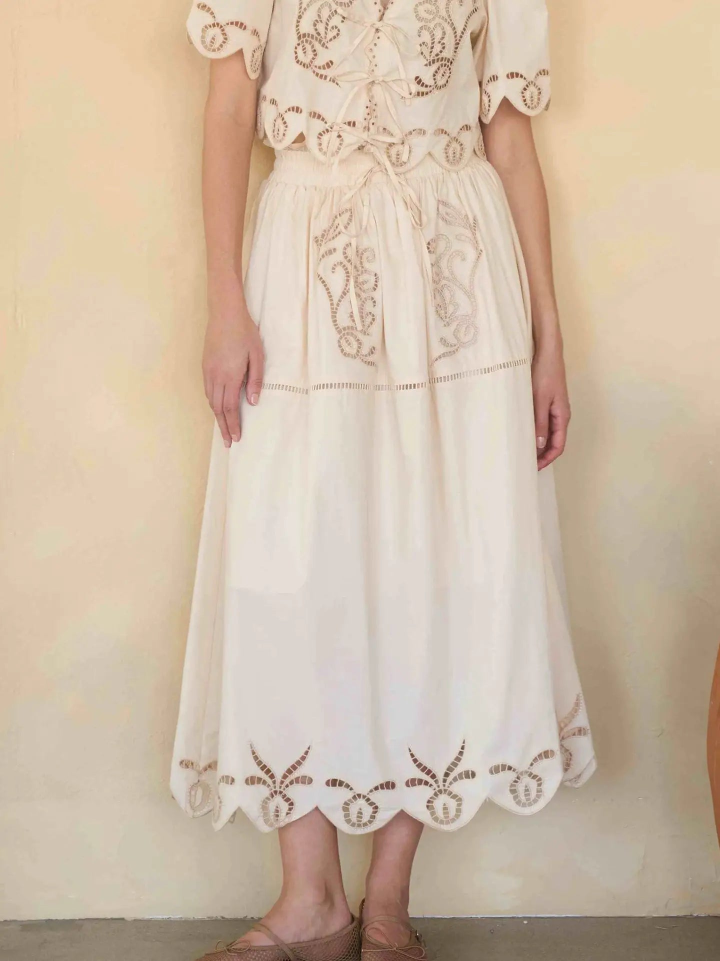 Eyelet Ladder Lace Scalloped Midi Skirt in Cream