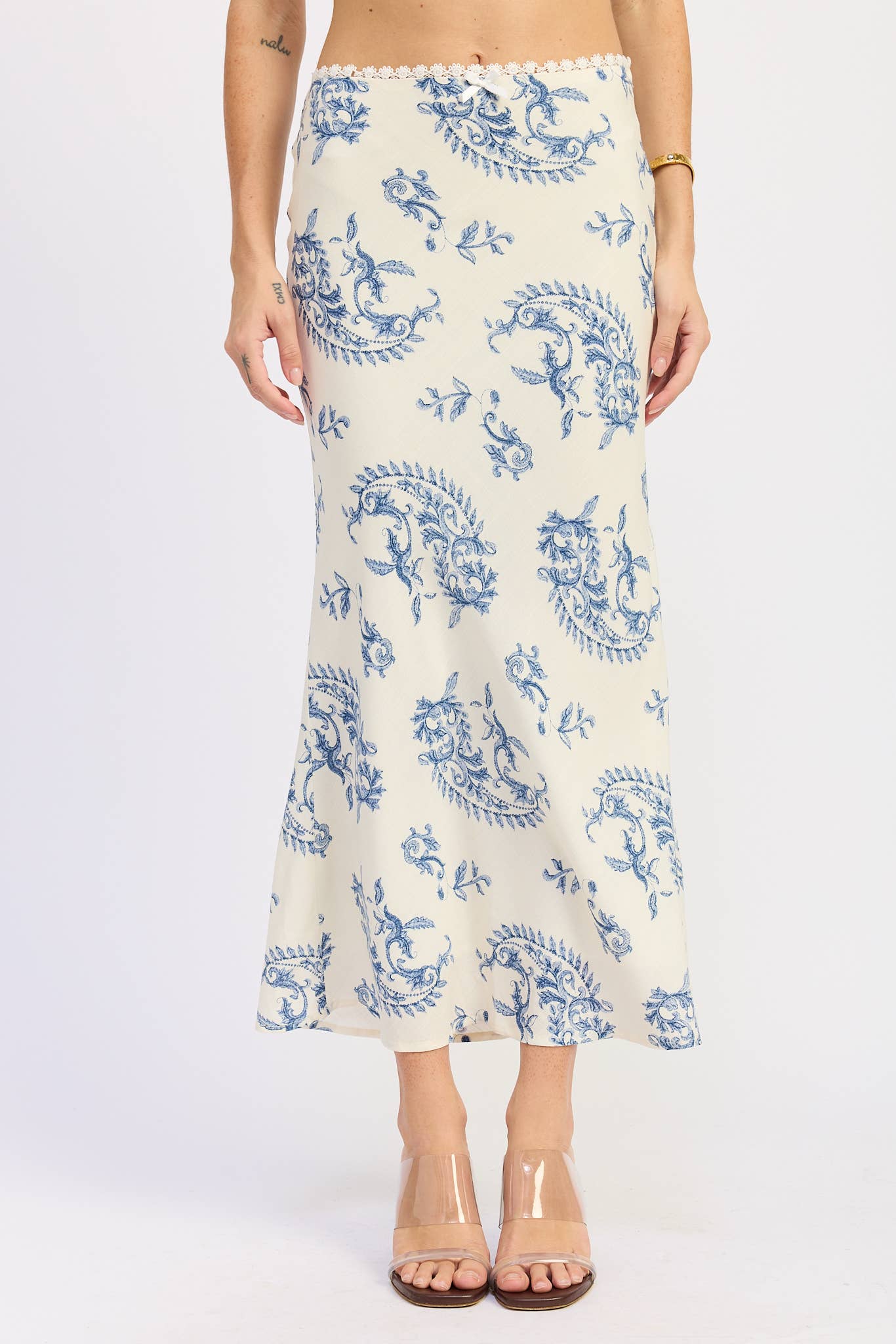 Mermaid Maxi Skirt with Lace Trim in Ivory Blue — view 4