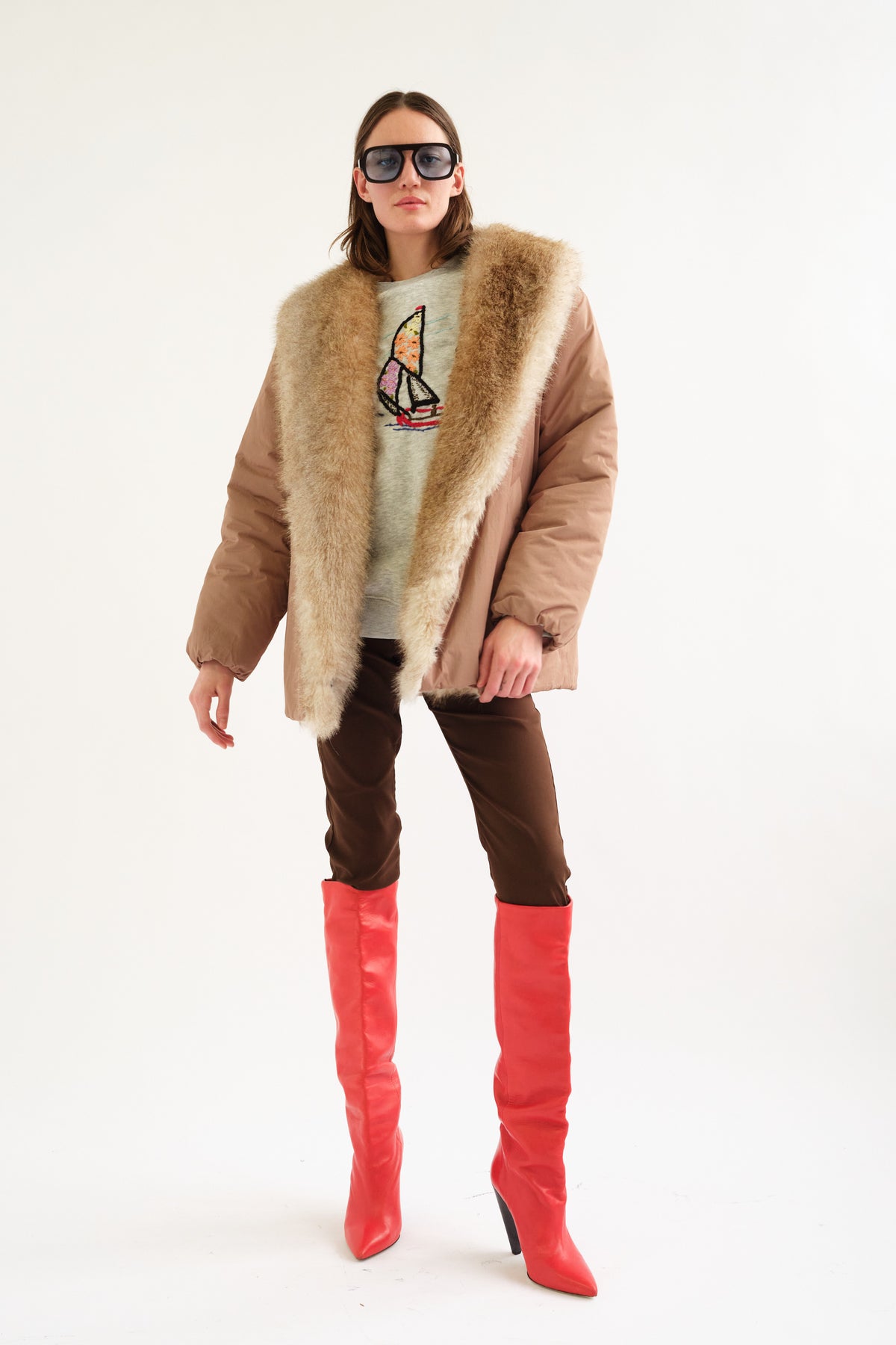 Ciganda Faux Fur Trimmed Coat in Brown by Tach Clothing — view 2