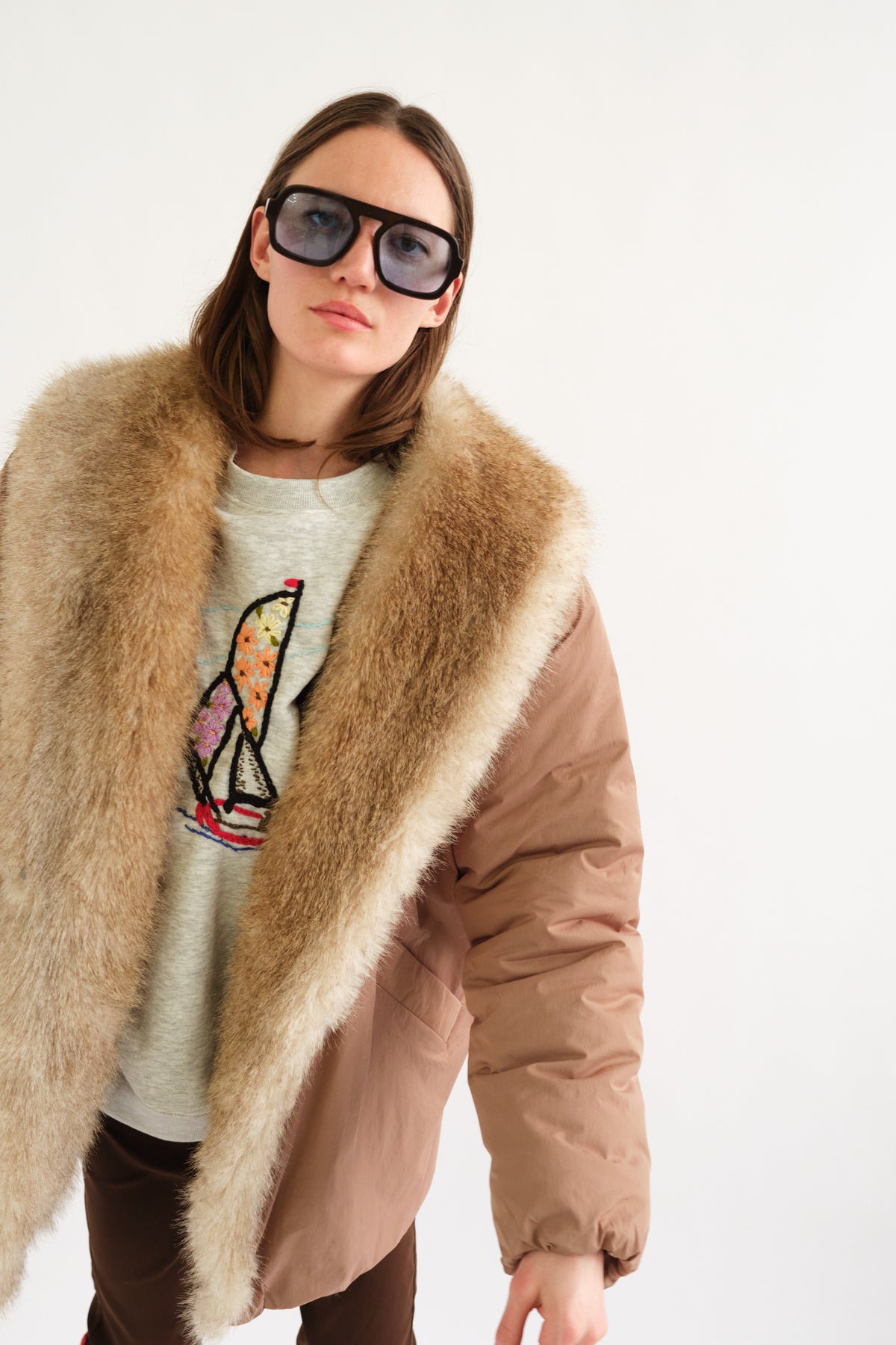 Ciganda Faux Fur Trimmed Coat in Brown by Tach Clothing — view 4