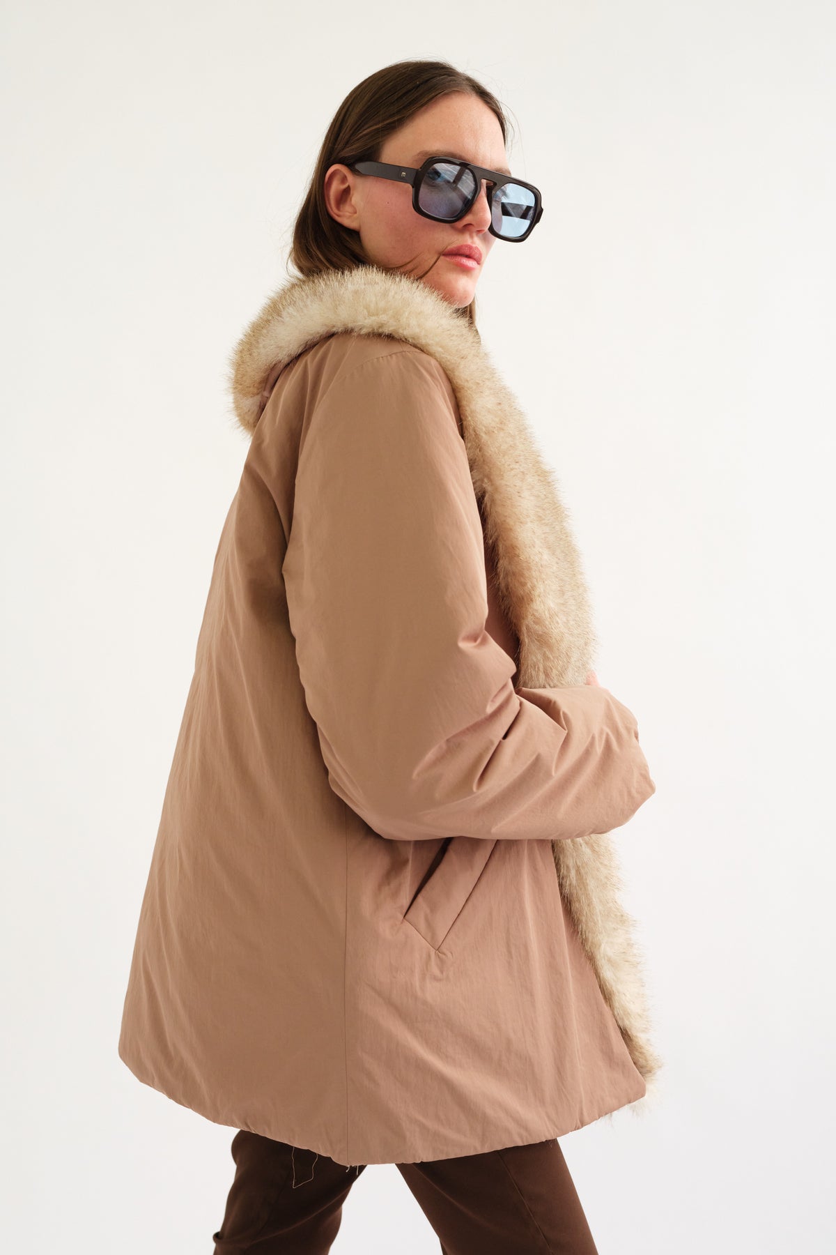 Ciganda Faux Fur Trimmed Coat in Brown by Tach Clothing — view 3