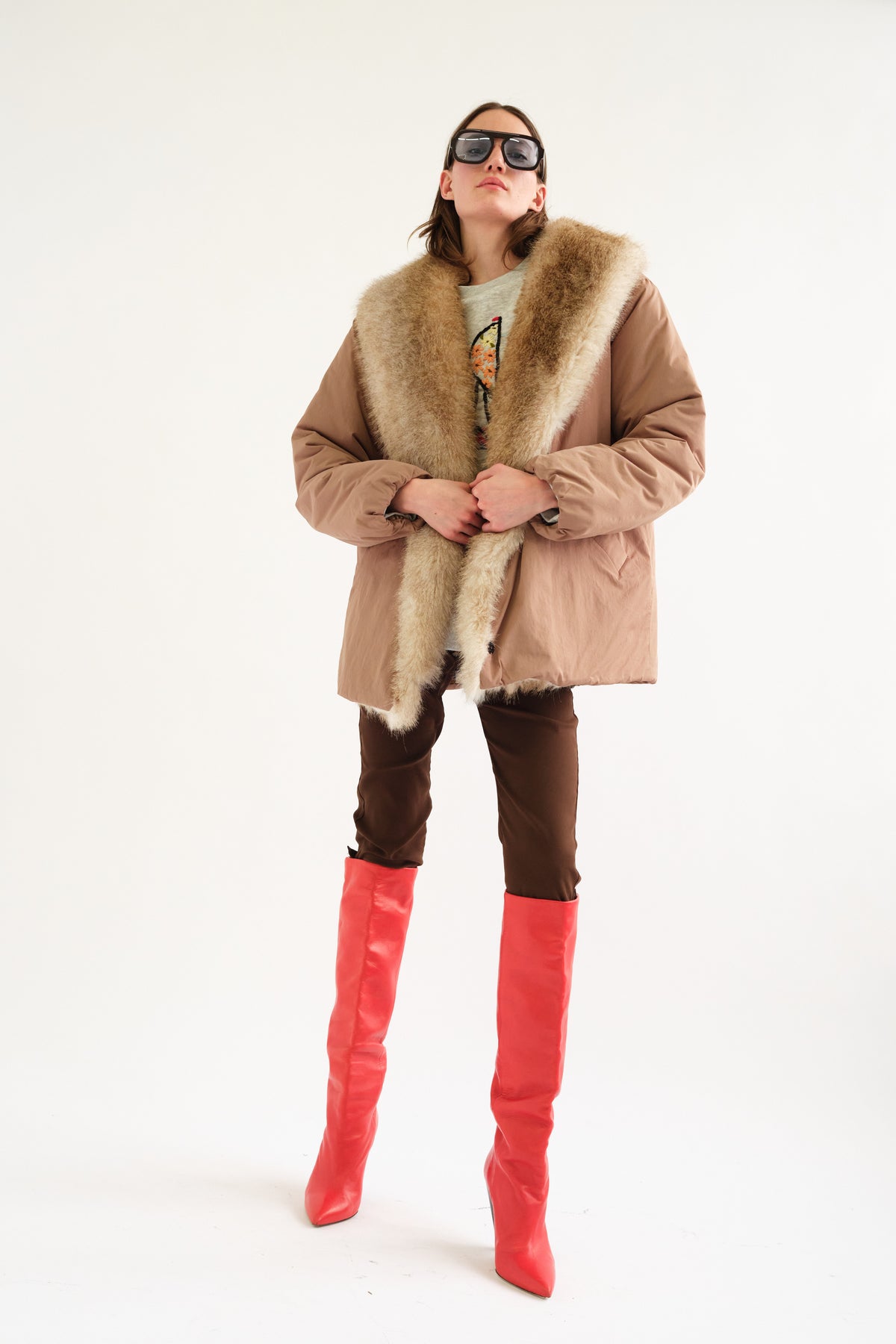 Ciganda Faux Fur Trimmed Coat in Brown by Tach Clothing — view 8