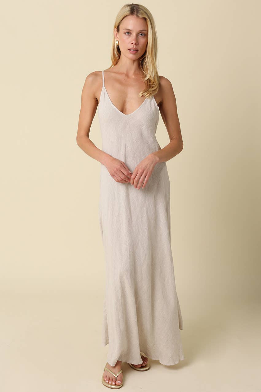 Adeline Flowy Linen Maxi Dress in White by Olivaceous, view 6