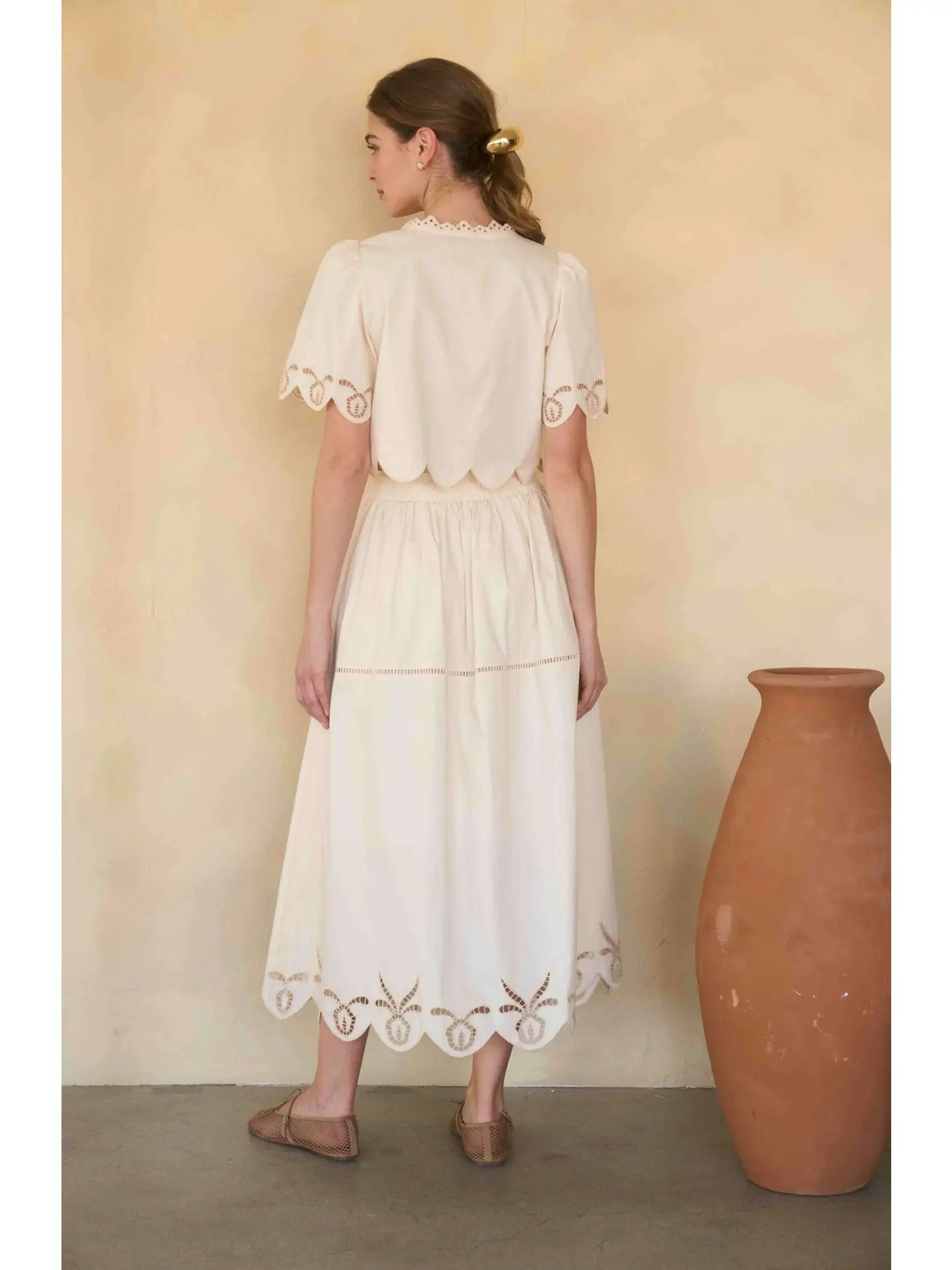Eyelet Ladder Lace Scalloped Midi Skirt in Cream